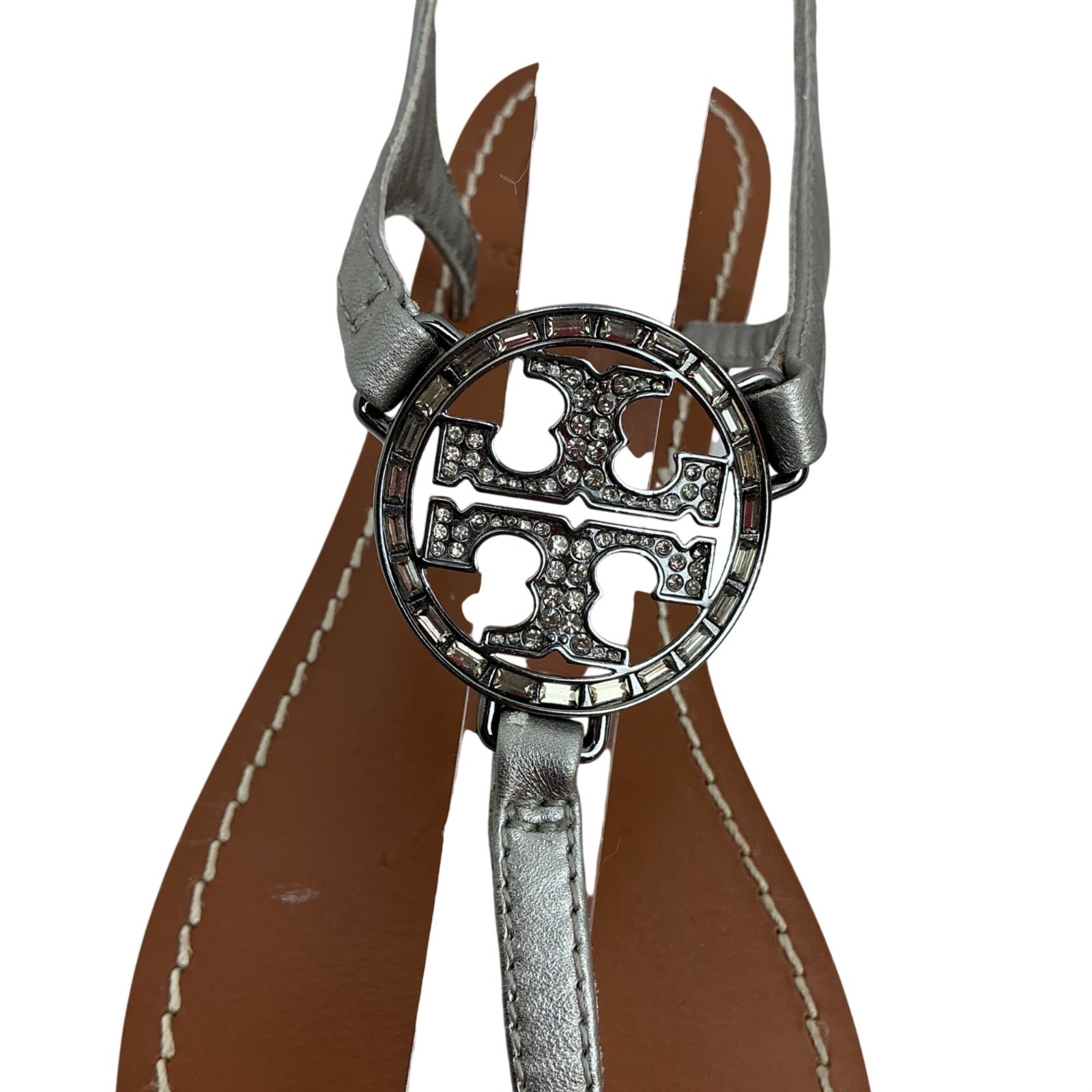 Tory Burch Crystal Metallic Logo Leather Slingback T-Strap Sandals Silver Tan
