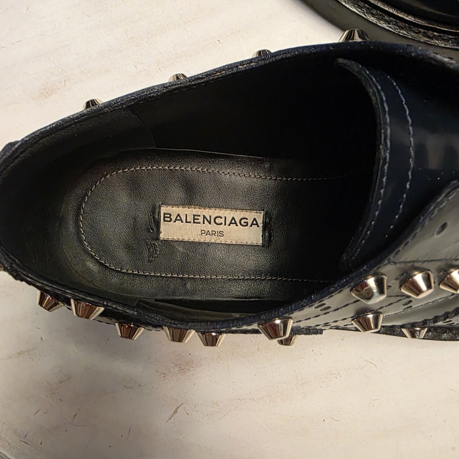 Balenciaga Women’s Black Leather Studded Slip On Loafers. Size 38