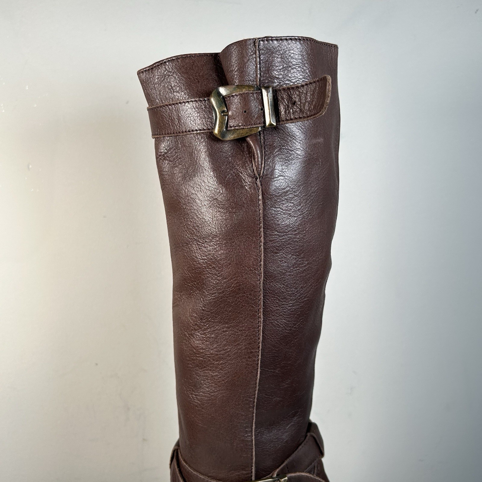 Miz Mooz Brown Brown Leather Moto Buckle Strap Hidden Wedge Boot Sz 8.5