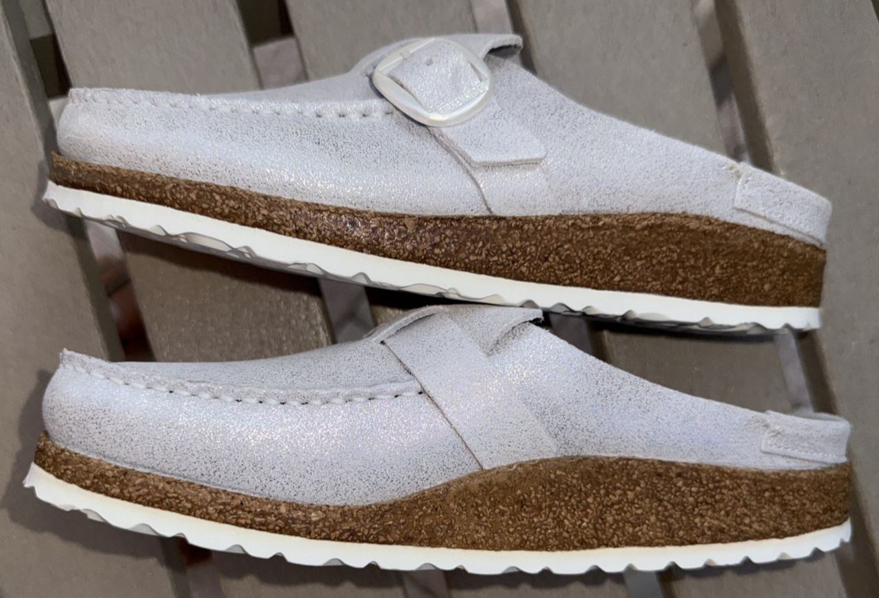 NWOB Birkenstock Buckley Metallic Silver Washed Leather Clogs EU 38 N US 7-8