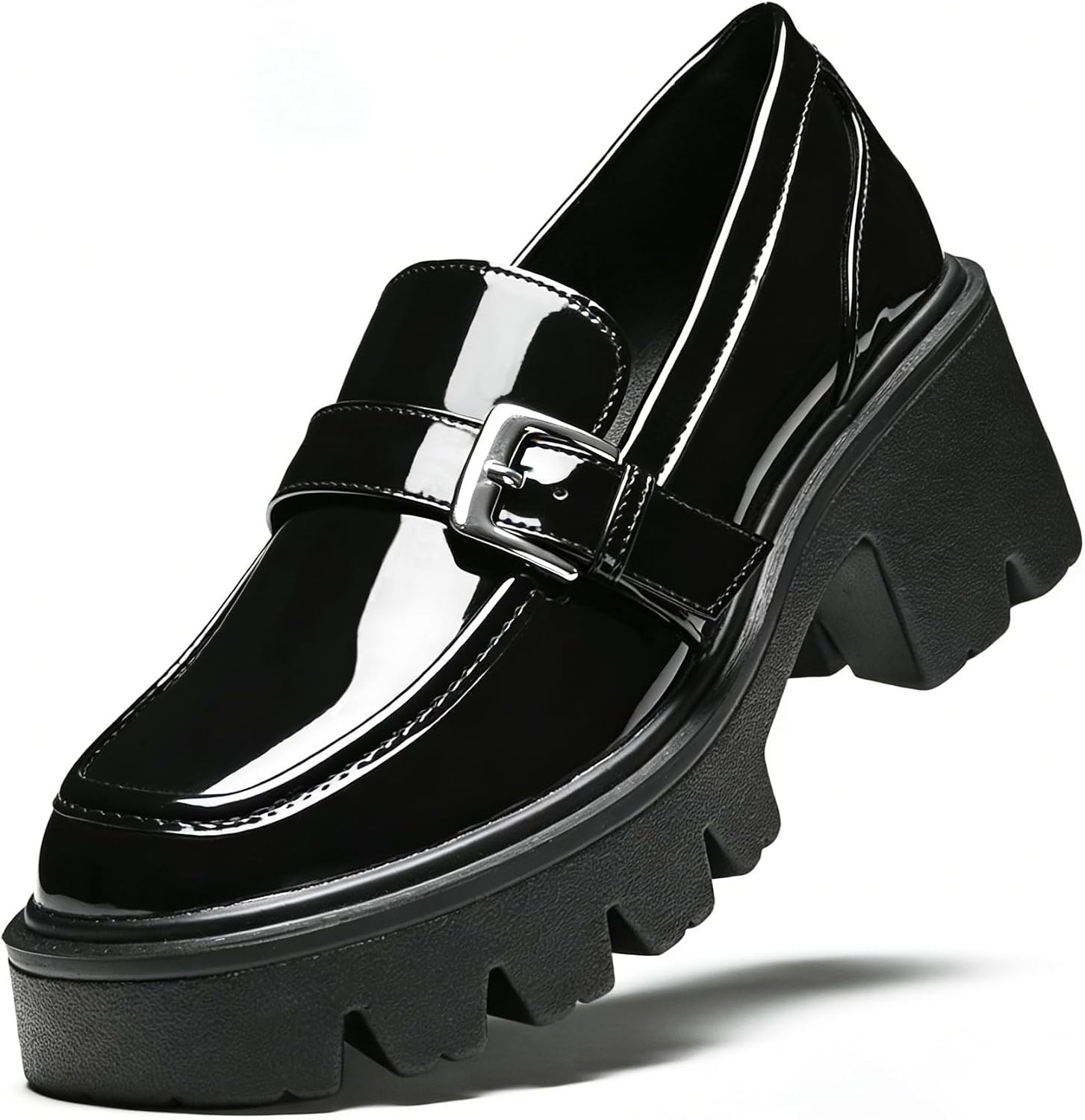Black Platform Loafers for Women – Comfortable Chunky Heel Patent Leather Classi