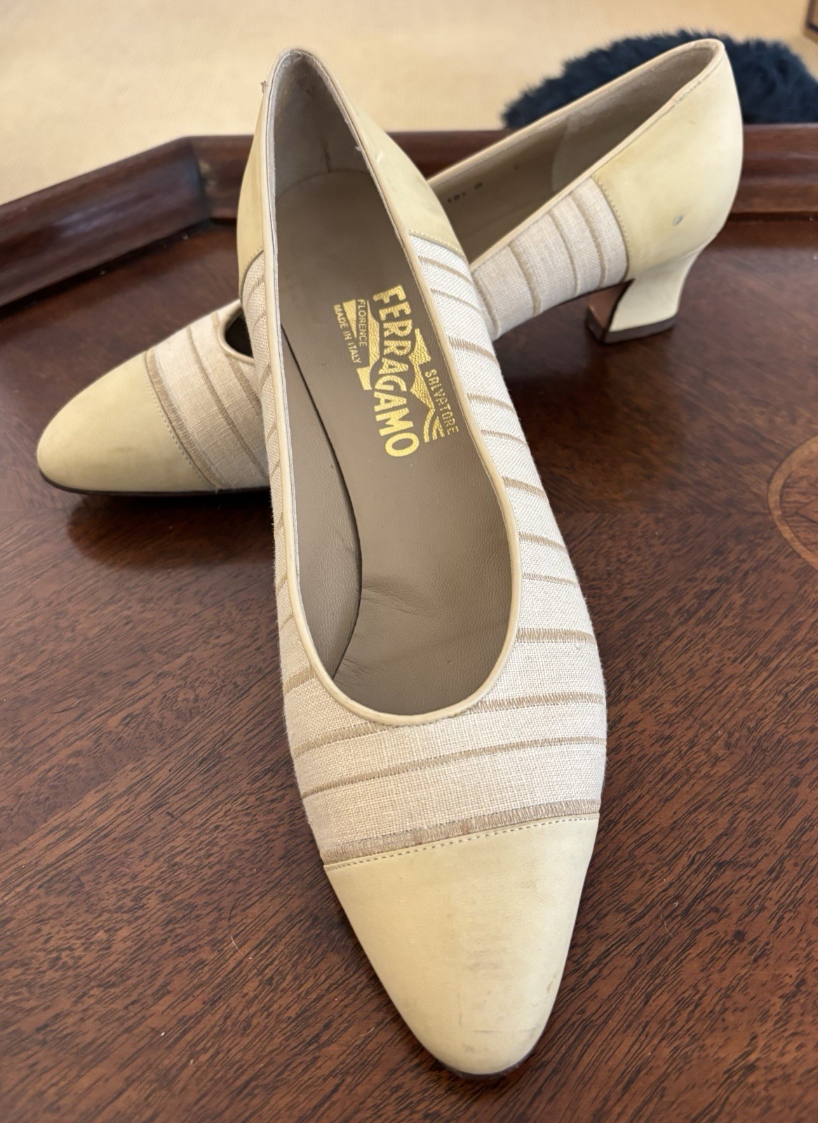 Salvatore Ferragamo Vintage Pumps Cream Beige Striped Canvas Leather Size 10.5 B