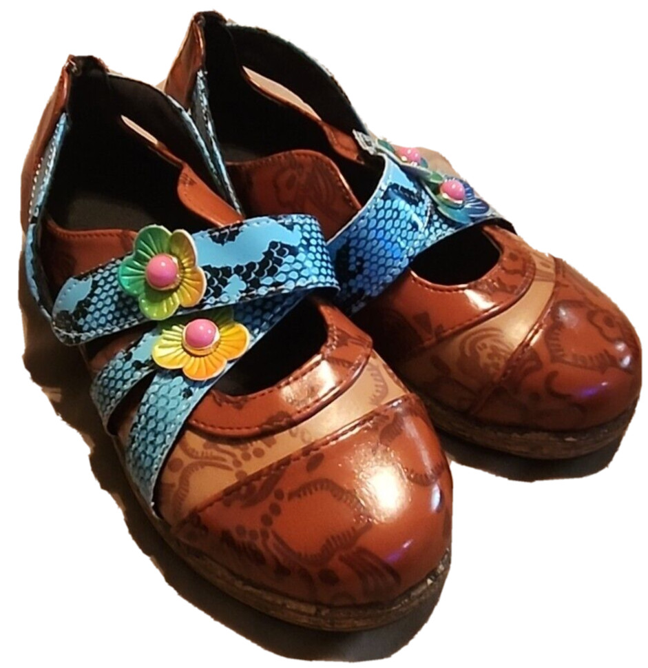 LOLA Women’s Size 6.5 Brown Turquoise Floral Slip On Shoe Sneaker Leather Unique