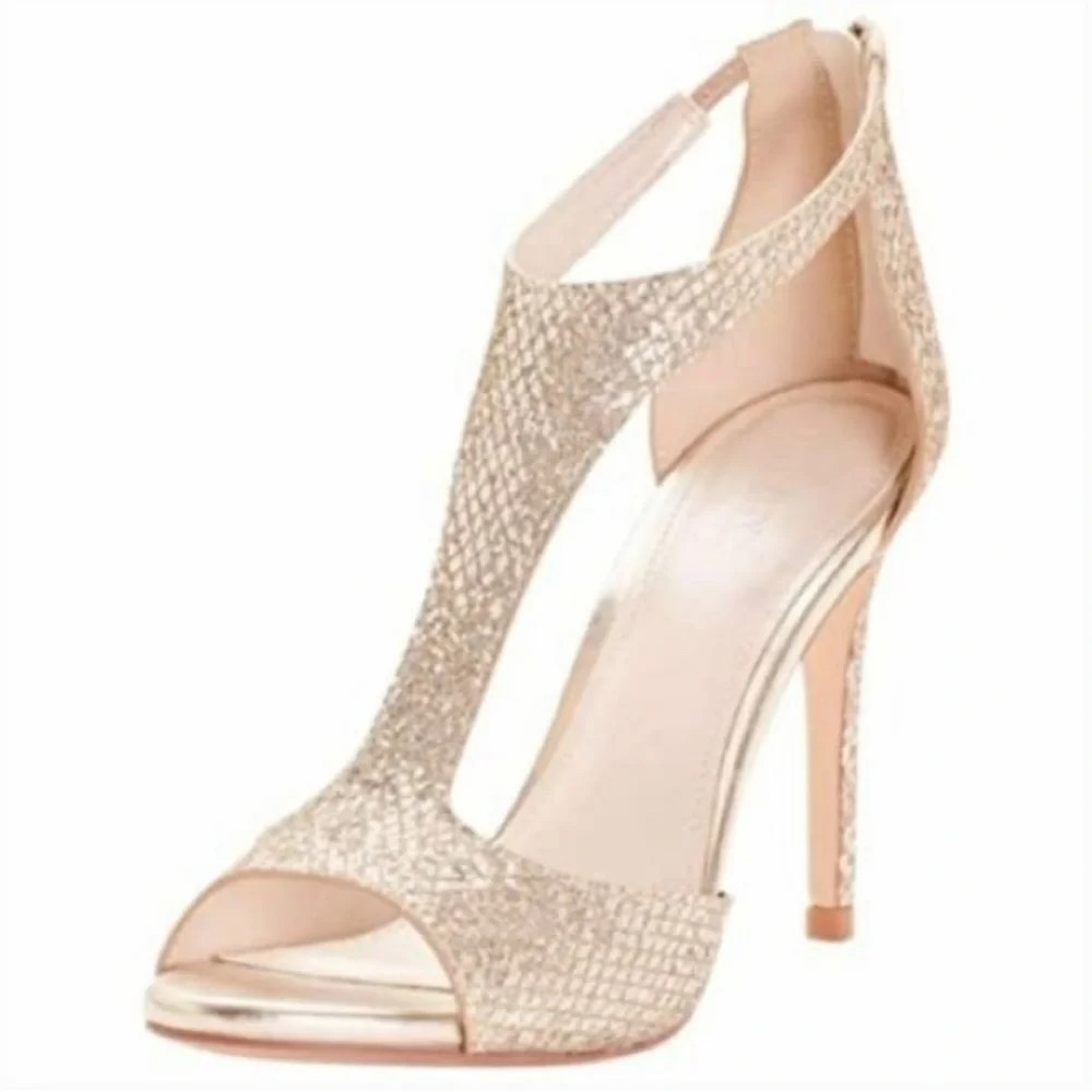 Davids Bridal Heels Saylor Gold 7M Heel Bridal Glitter Bride Wedding Prom