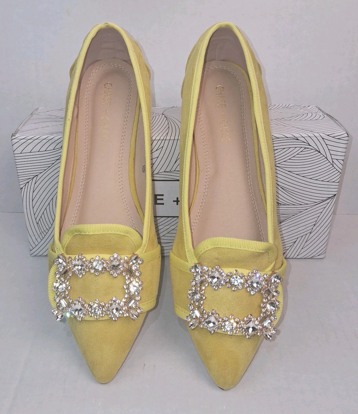 Chase & Chloe Ballet Flats James Yellow Faux Suede Rhinestone Buckle Women 10