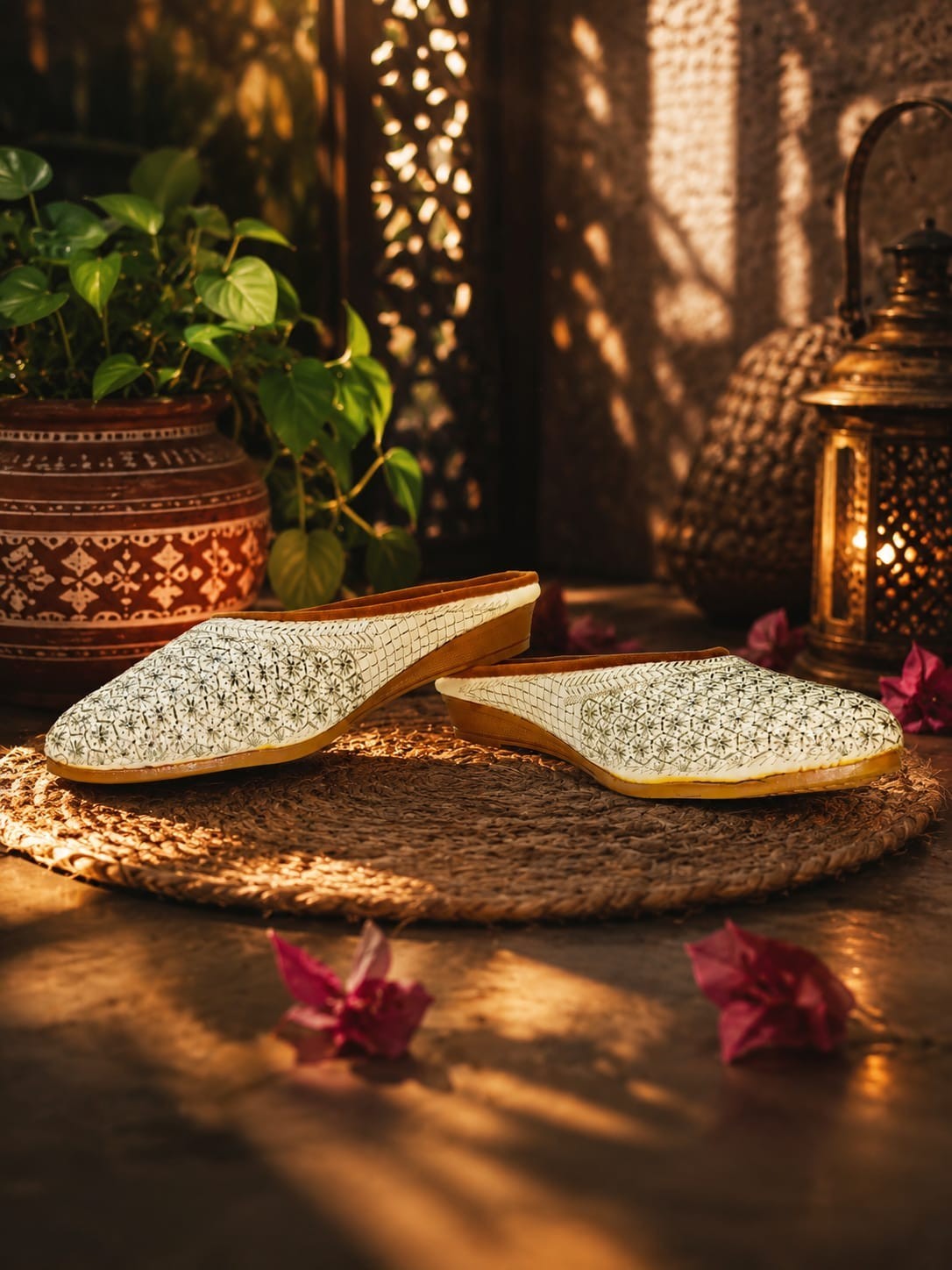 Women’s White Floral Embroidered Boho Mule Flats Slip On Ethnic Jutti Shoes
