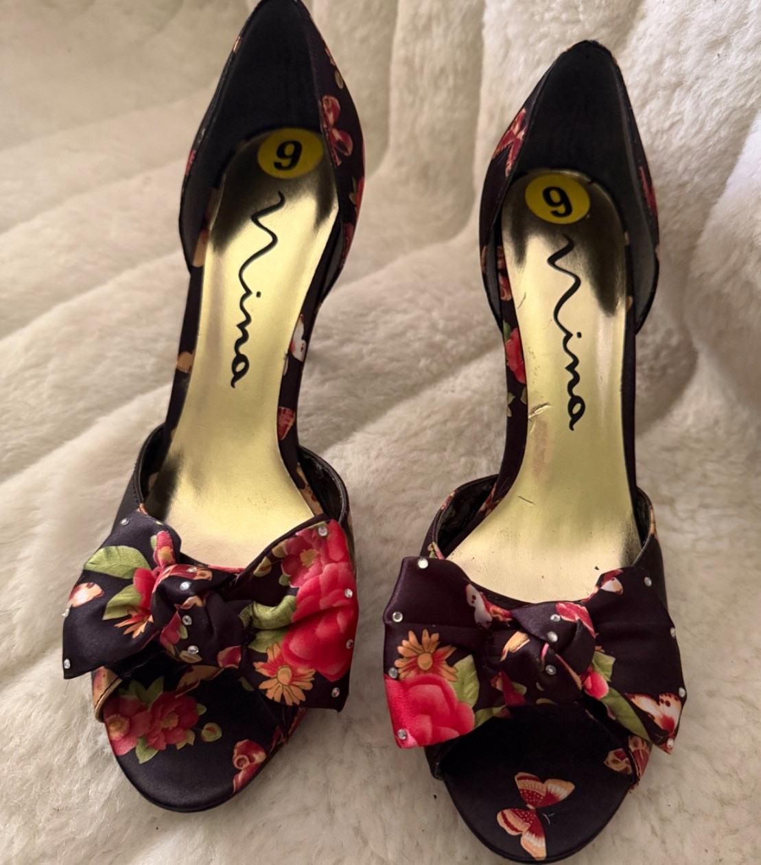 NINA SIZE 9 Floral Multicolor Satin Covered Heel Open Toe Rhinestone Bow D’Orsay