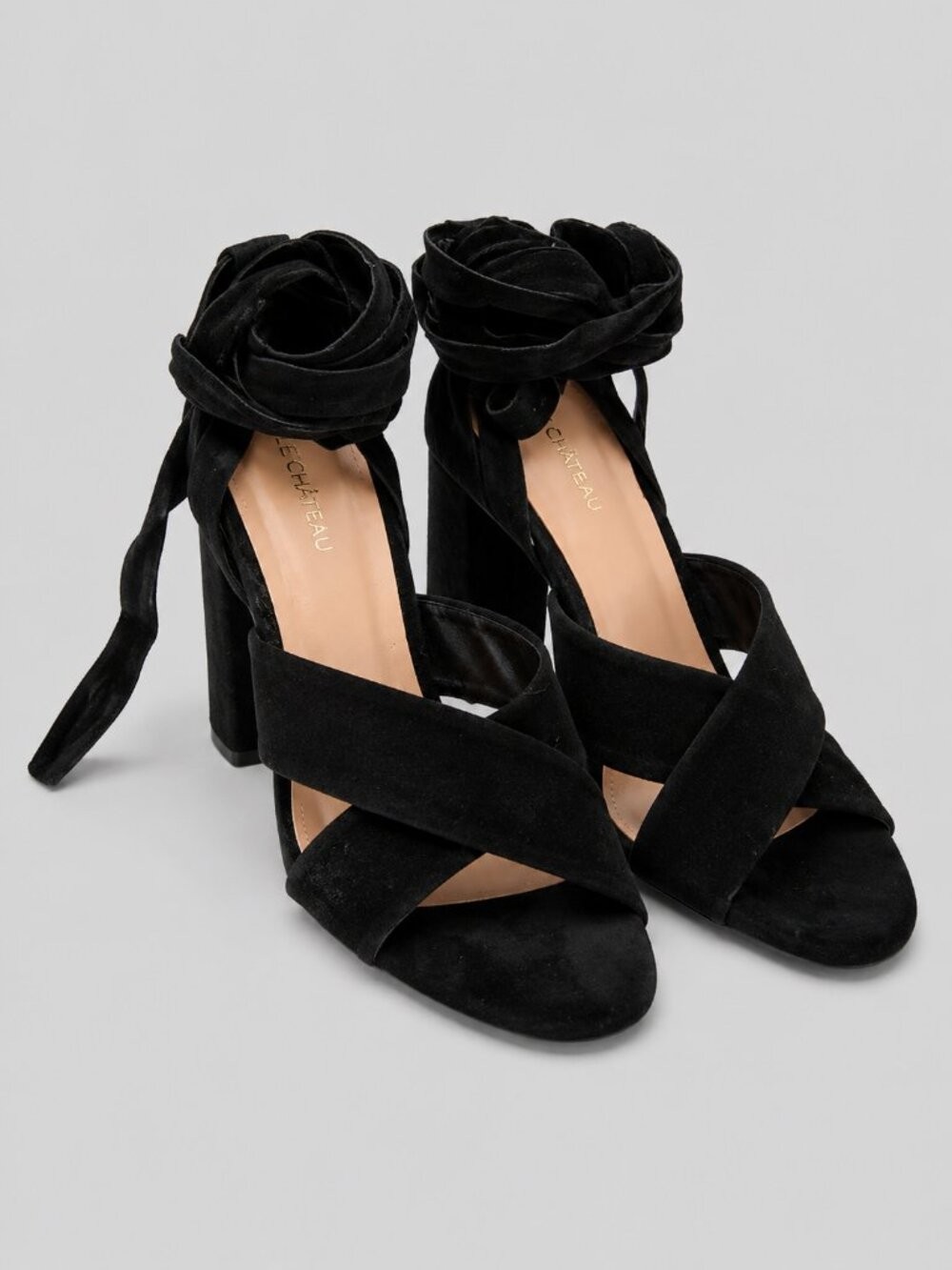 Le Chateau Velvet Lace Up Heels Sz 7.5 Goth Coquette Prom Party Black Chic