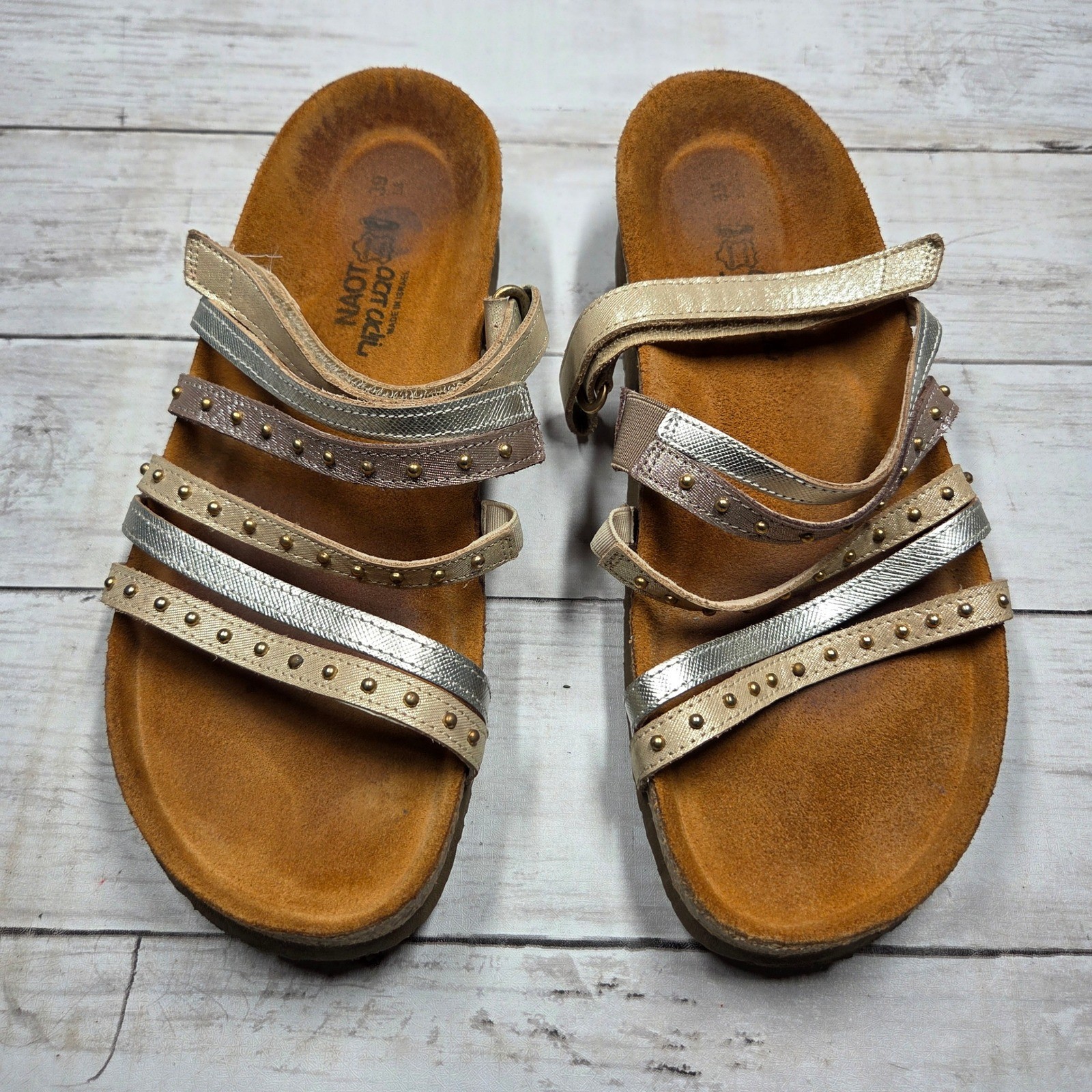 Naot Multi-Strap Studded Slide Sandal Leather Womens 39(L8) Silver Gold Bronze
