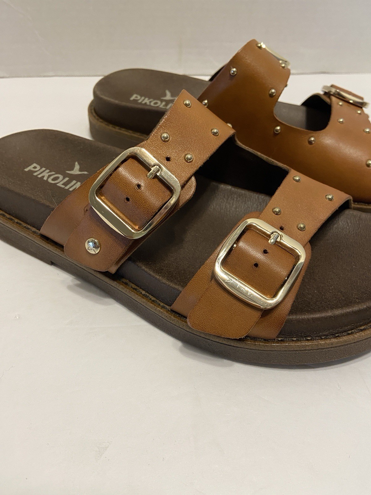 Pikolinos Aitana Brandy leather flat sandals, buckle rivet detail Size 7.5 / 8