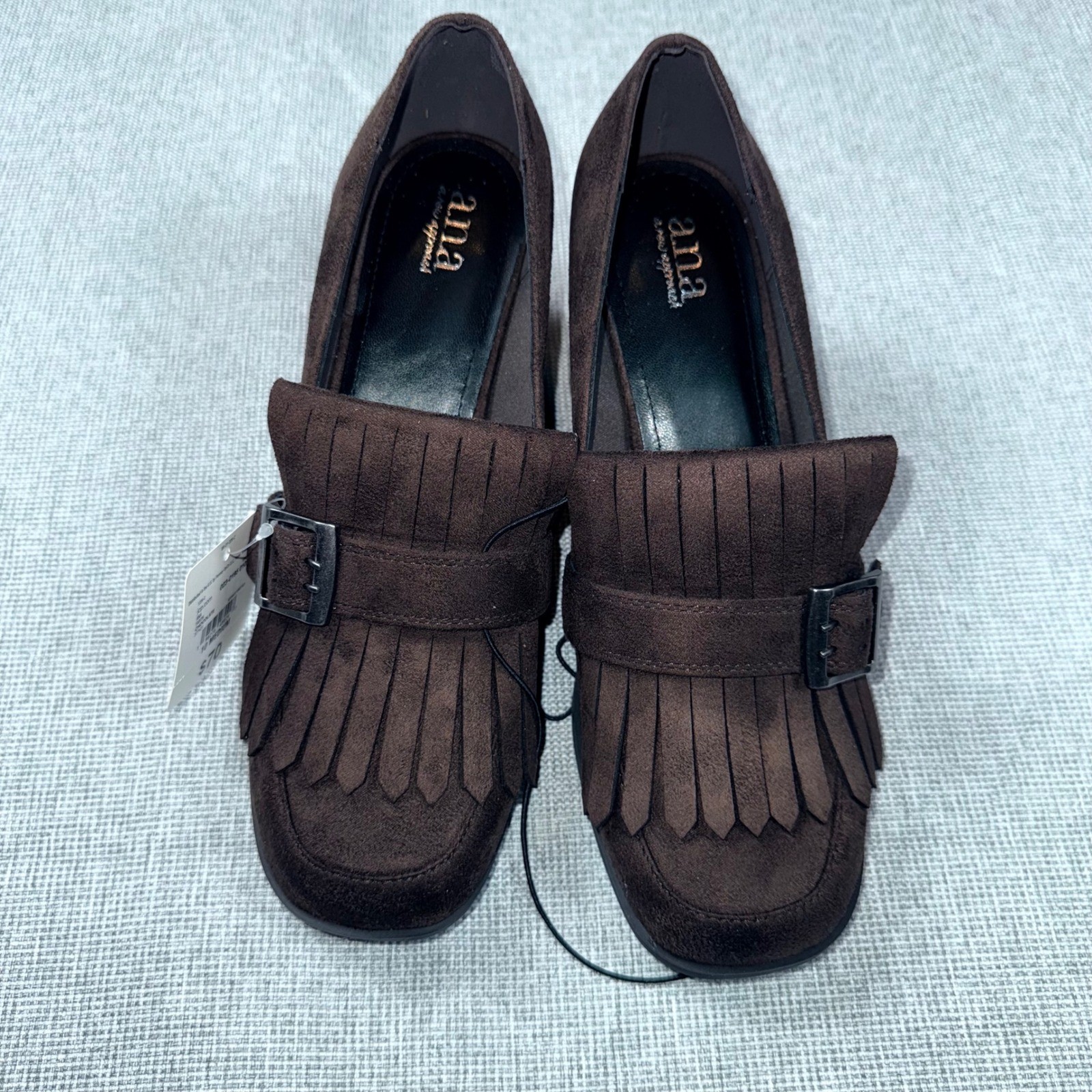 ANA A New Approach Brown Faux Suede Kiltie Fringe Block Heel Loafers Womens 9.5
