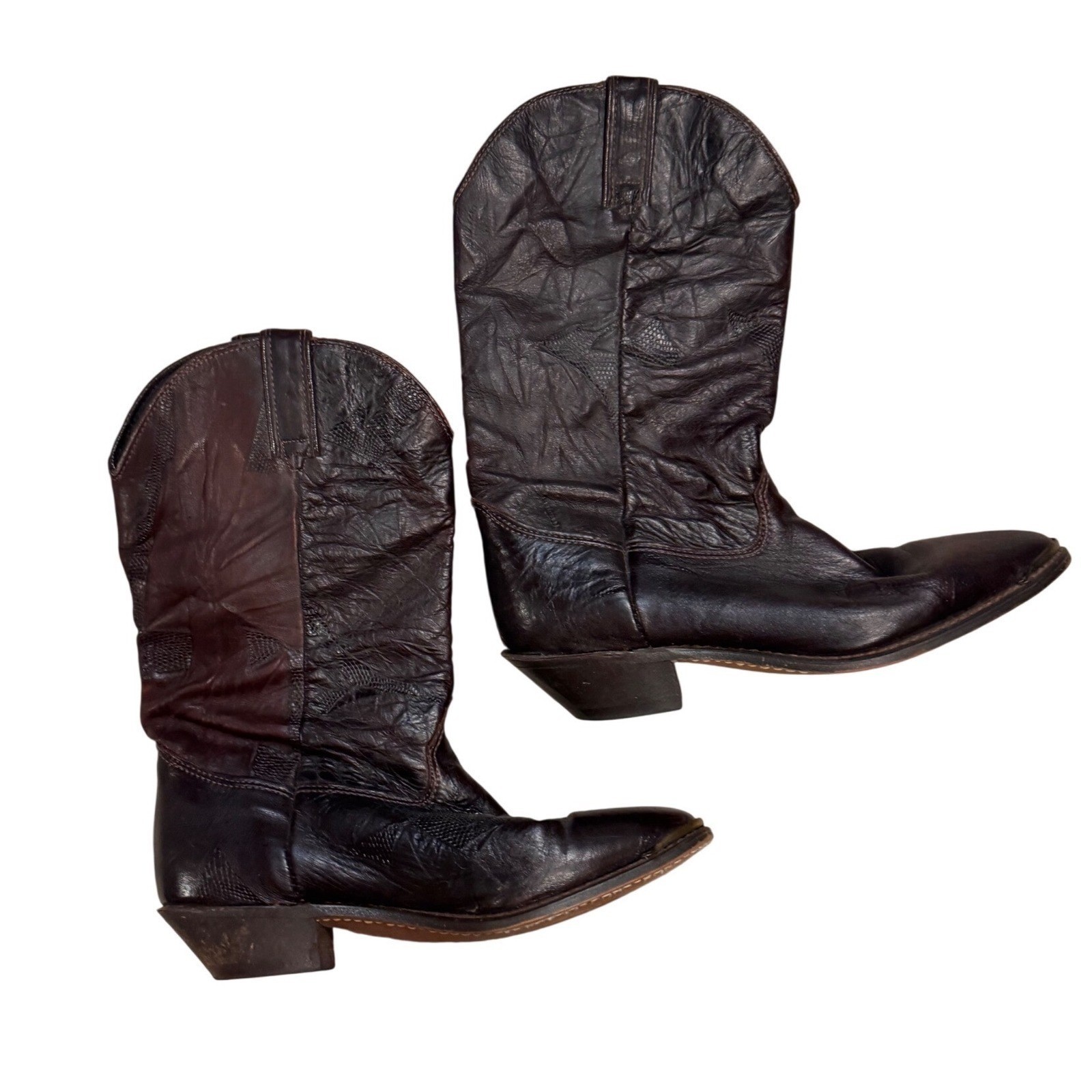 Durango Cowboy Boots Women 8 Dark Brown Good Leather Metal Toe Patchwork Shaft