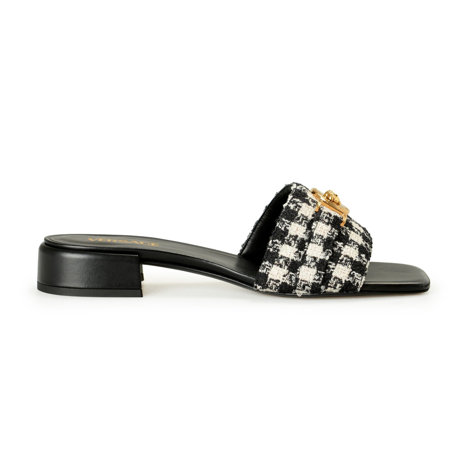 Versace Women’s Check Gold Medusa Heeled Sandals Mules Shoes US 6 IT 36