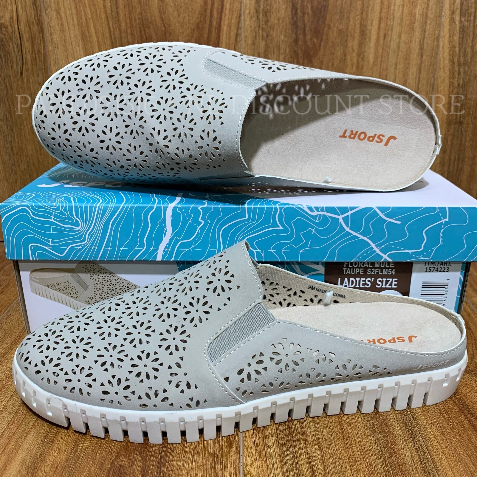 JSPORT Women’s Floral Cutout Lightweight Slip-On Mule~ Taupe~ Sizes & Condition