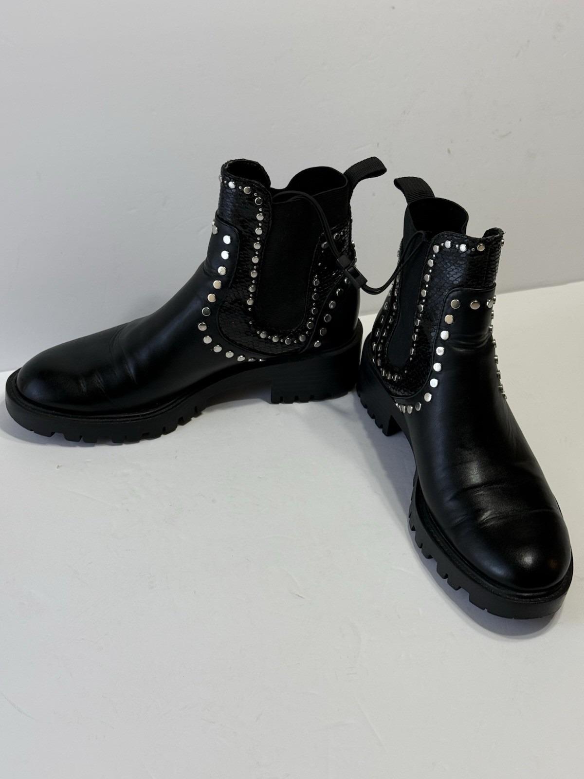 ZARA Black Studded Chunky Lug Sole Biker Ankle Boots Women’s Sz 37 (6.5)
