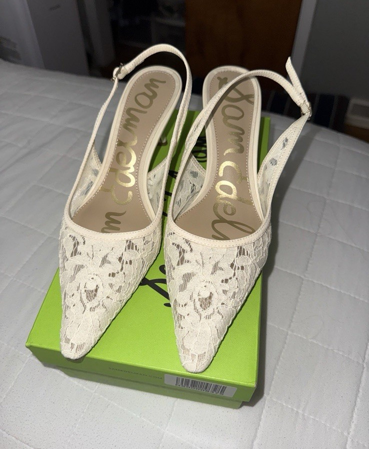 Sam Edelman Women’s 7.5 Ivory Lace Pointed Toe Slingback Stiletto Buckle