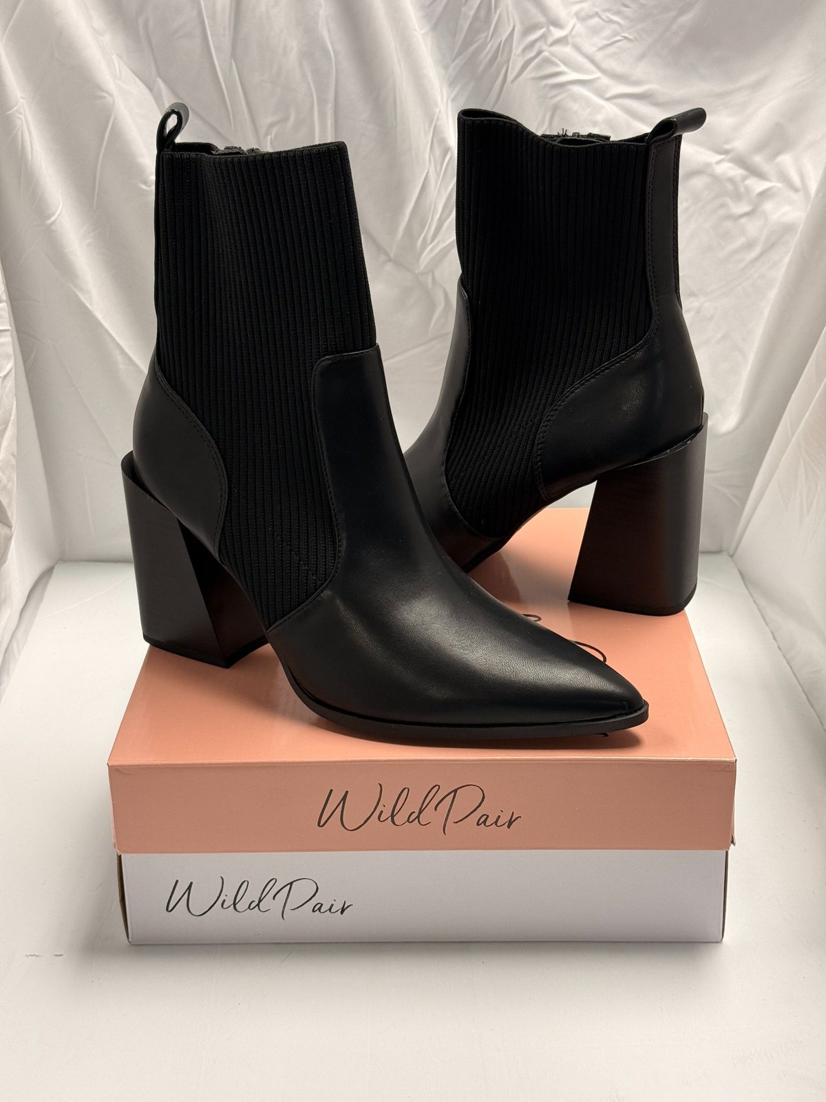 Wild Pair Black SM Pointed Toe Block Heel Sock Boots 12 M New