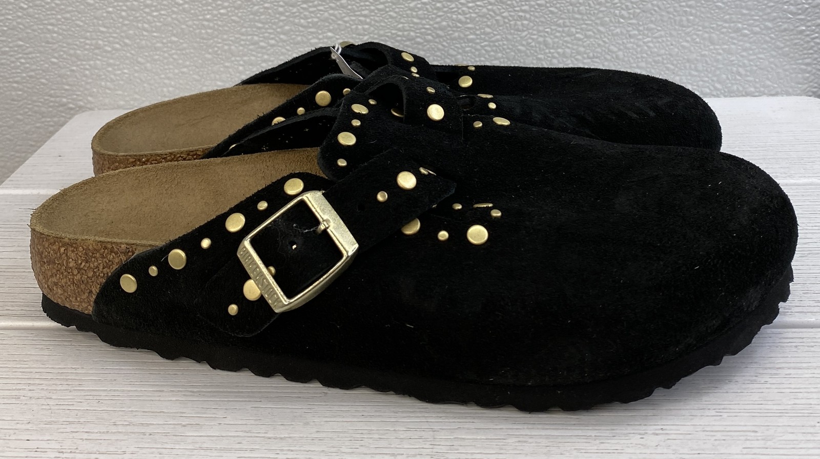 Birkenstock Boston Rivets Unisex M6 W8 Narrow Black Suede Casual Slip On Clogs