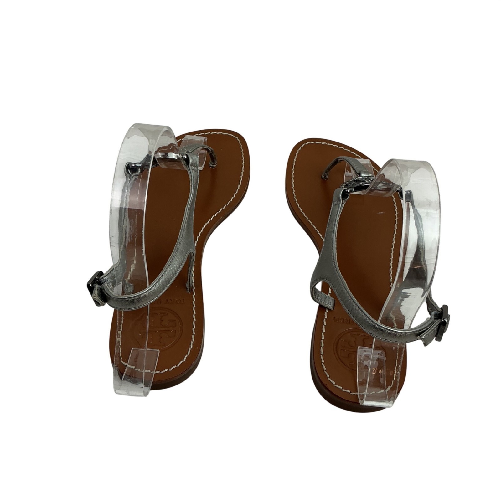 Tory Burch Crystal Metallic Logo Leather Slingback T-Strap Sandals Silver Tan