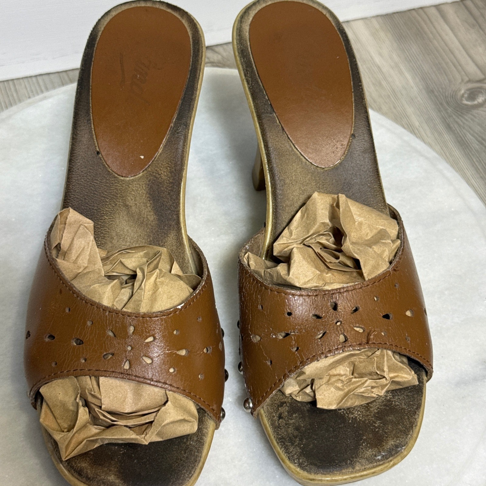 Vtg Candies Brown Leather Studded heels Platform Mules Square Toe 9 shoes y2k