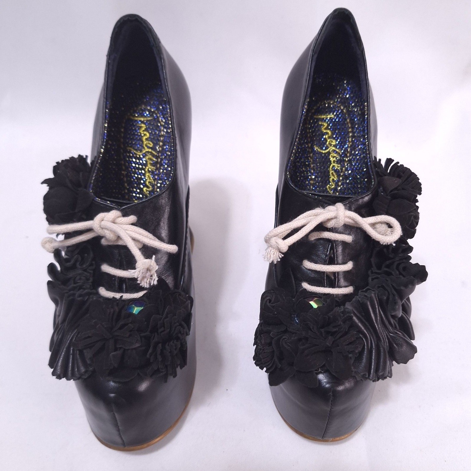 Irregular Choice Pertrisha Leather Floral Ruffle Platform Heels Womens 6.5 Black