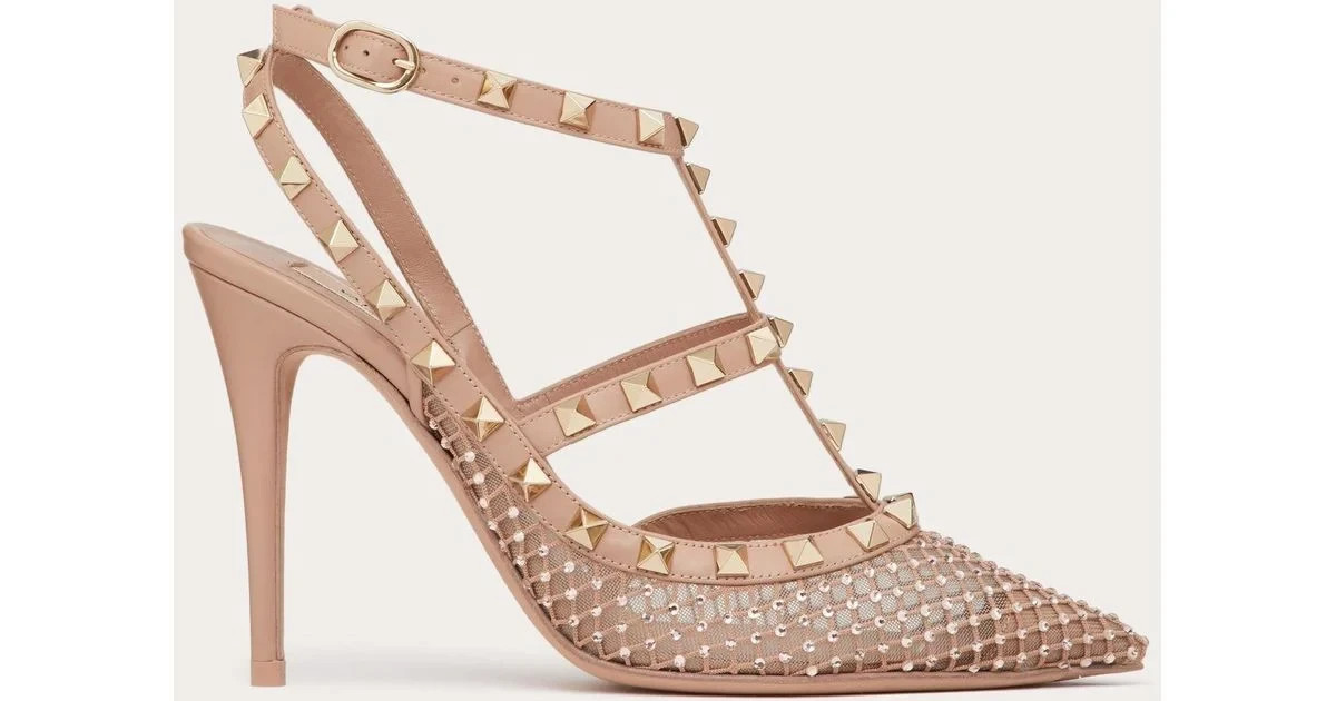 $1800 New Valentino Nude Mesh Pale Pink CRYSTALS EMBELLISHED ROCKSTUD Shoes 40.5