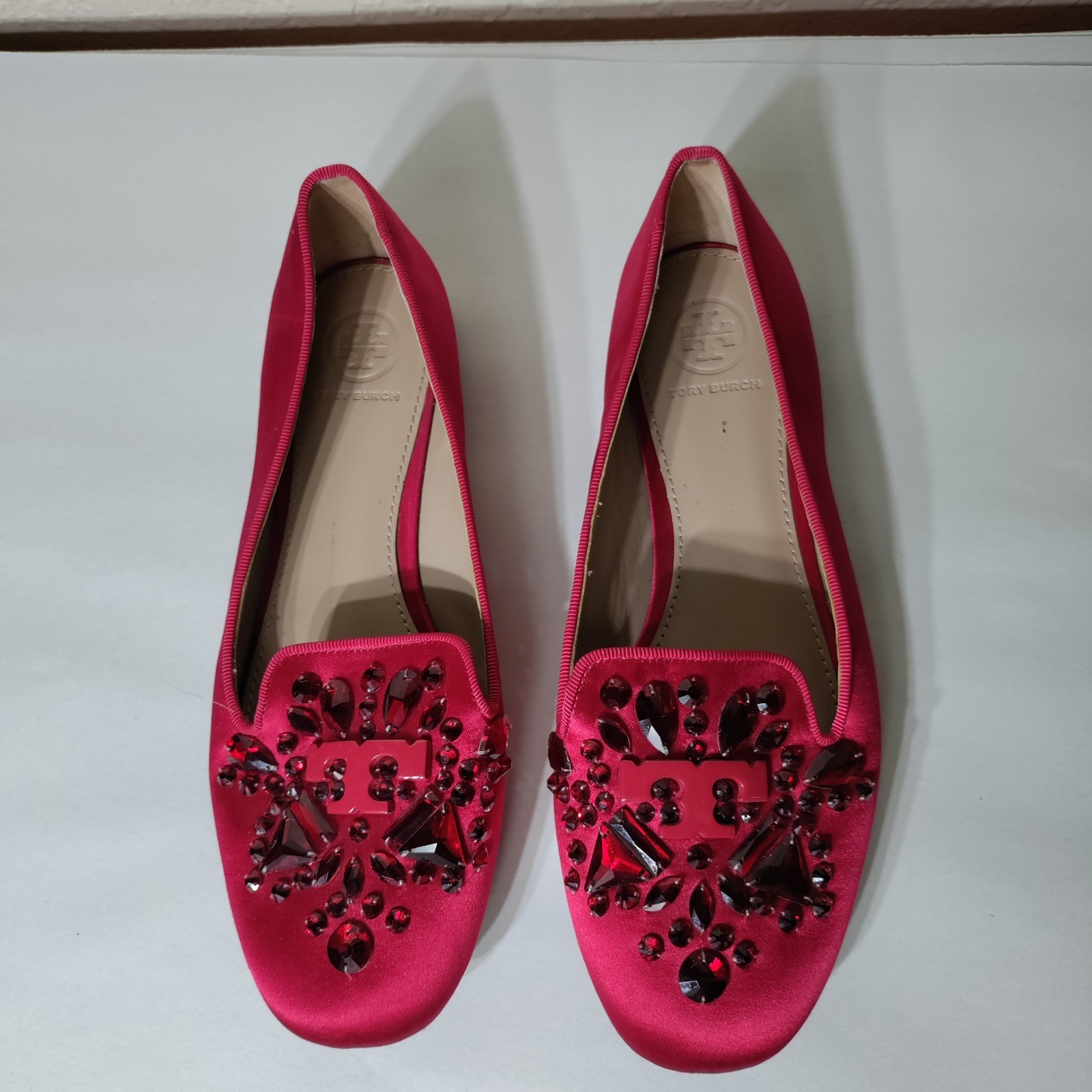 Tory Burch Red Satin Crystal Embellished Logo Loafers Smoking Flats