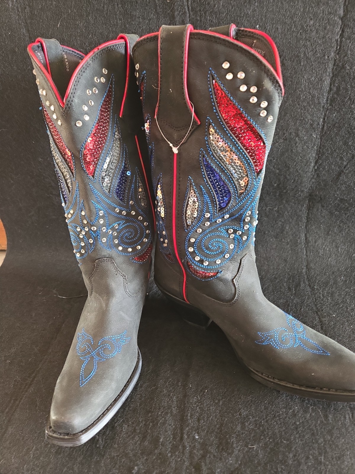 Durango Cowgirl Boot Patriotic Red White Blue Accents Wms 7W Blk Leather NEW