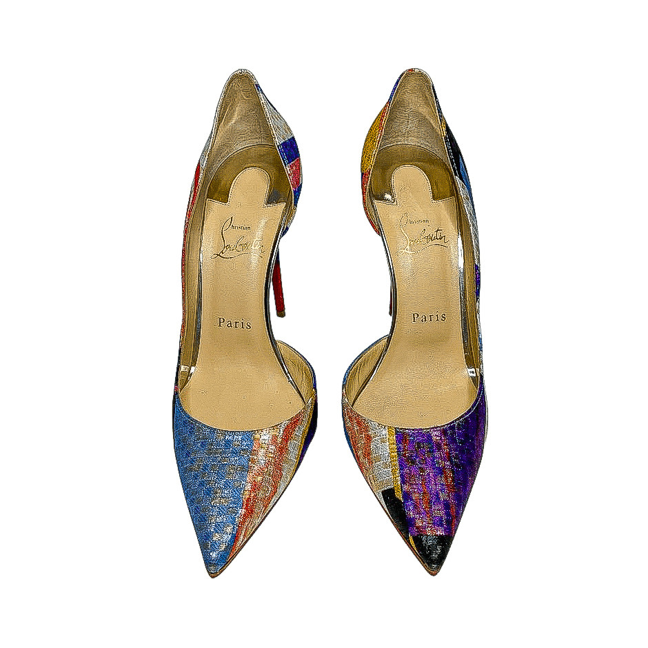 Christian Louboutin Iriza 100 Lurex Modernist Multi Gold Pumps 4.25 Heel EU 39