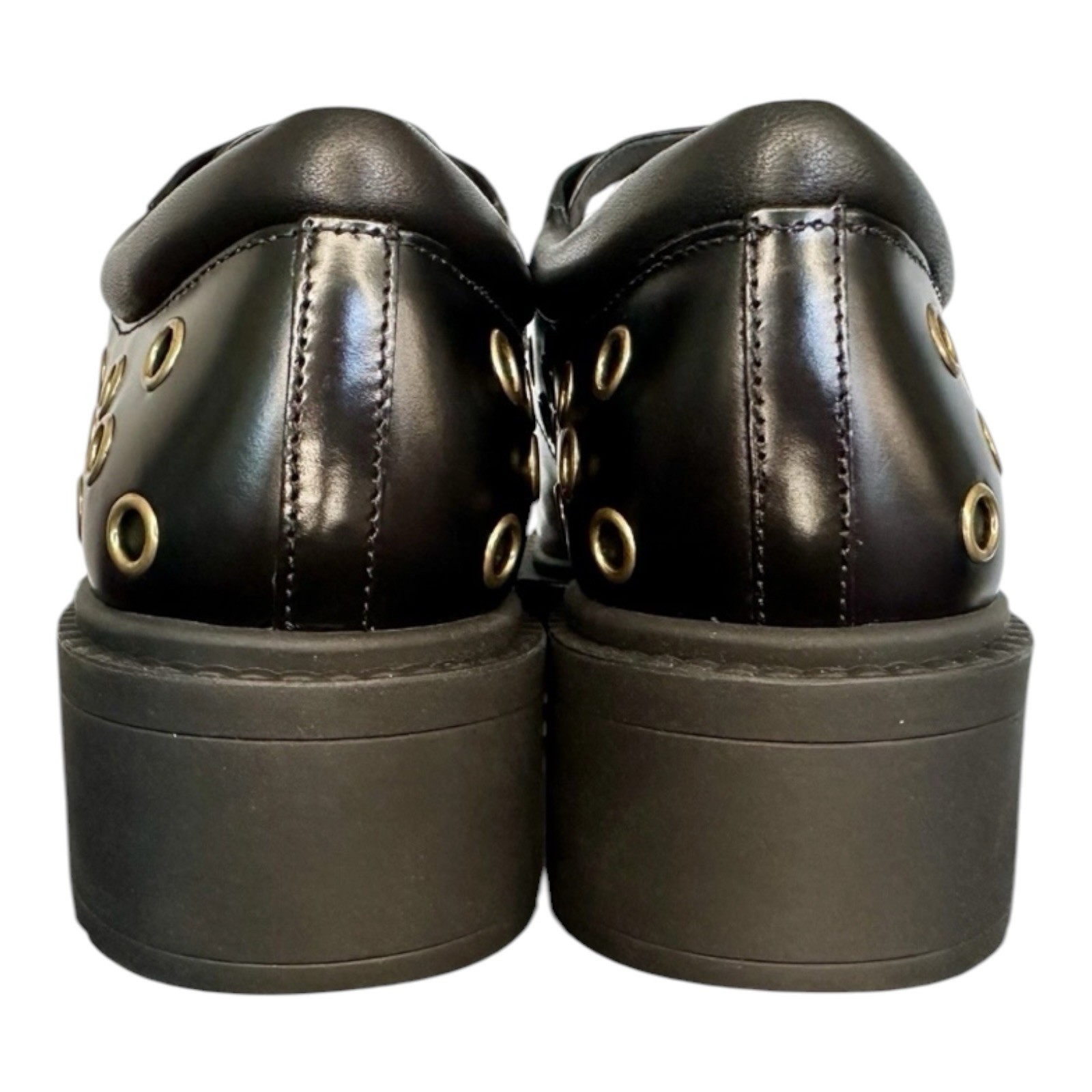 Coach Women’s Black Leather Platform Derby Oxford Shoes Gold Grommet Chunky Heel
