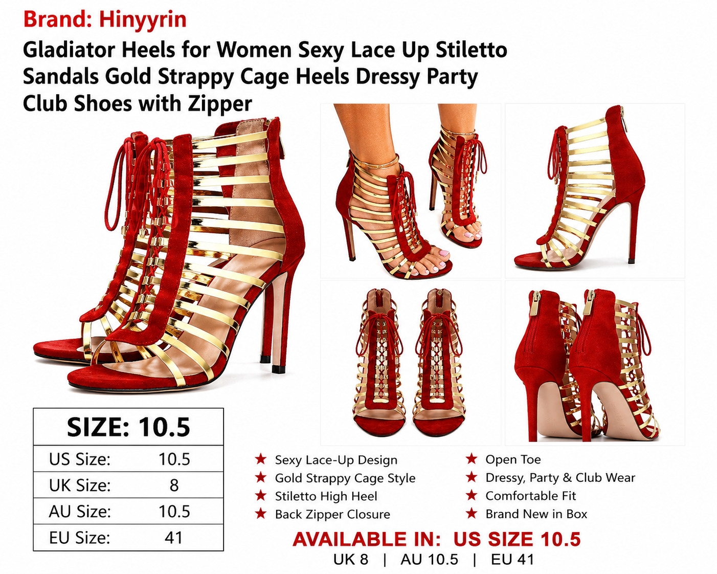 Hinyyrin Women’s Red & Gold Gladiator Stiletto Heels Lace-Up Open Toe Sandals