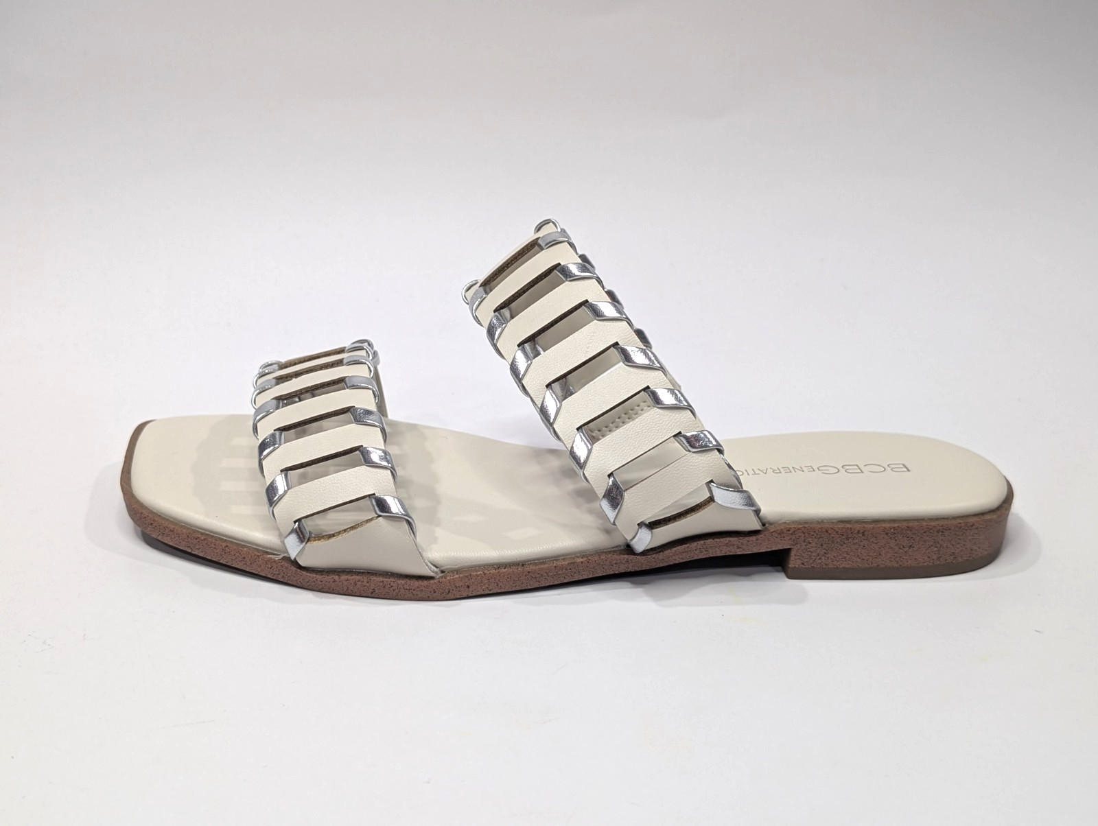 BCBGeneration Lemah Bianca/Silver Women’s Double Band Flat Sandal – Size 9 NWB