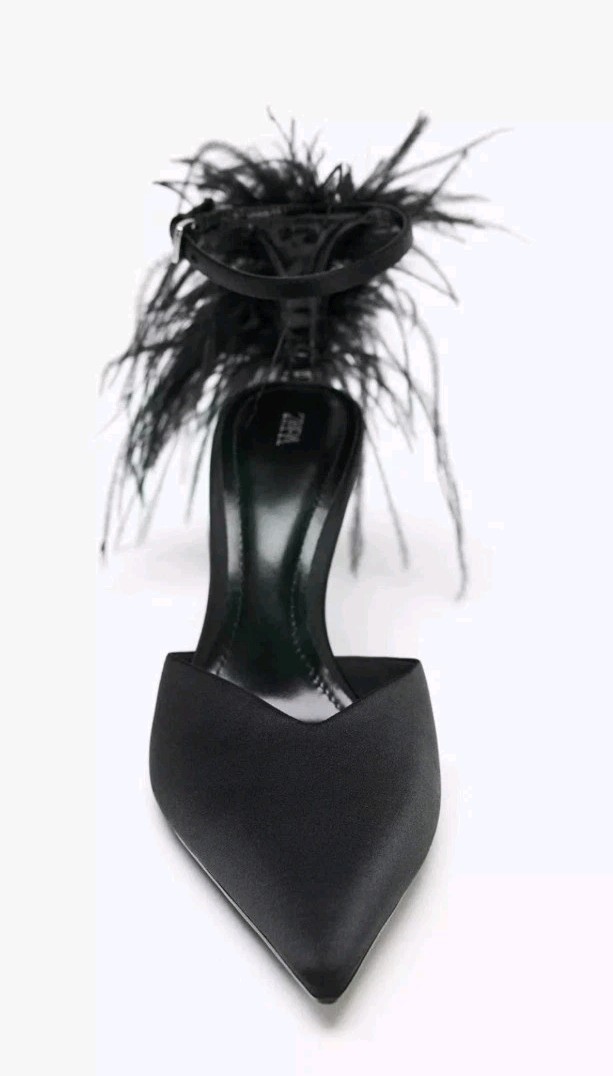 ZARA Women’s Black Pointed Toe Stiletto Pumps Feather Trim Ankle Strap-Tested
