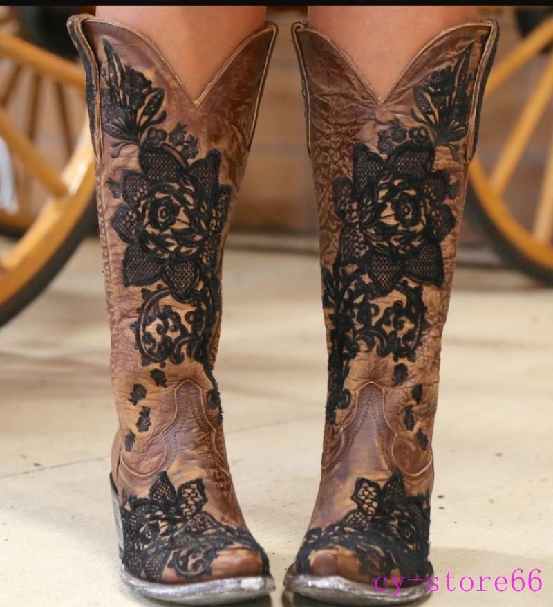 Embroidery Floral Women’s Pull on Square Toe Calf Knee High Western Boots Cowboy