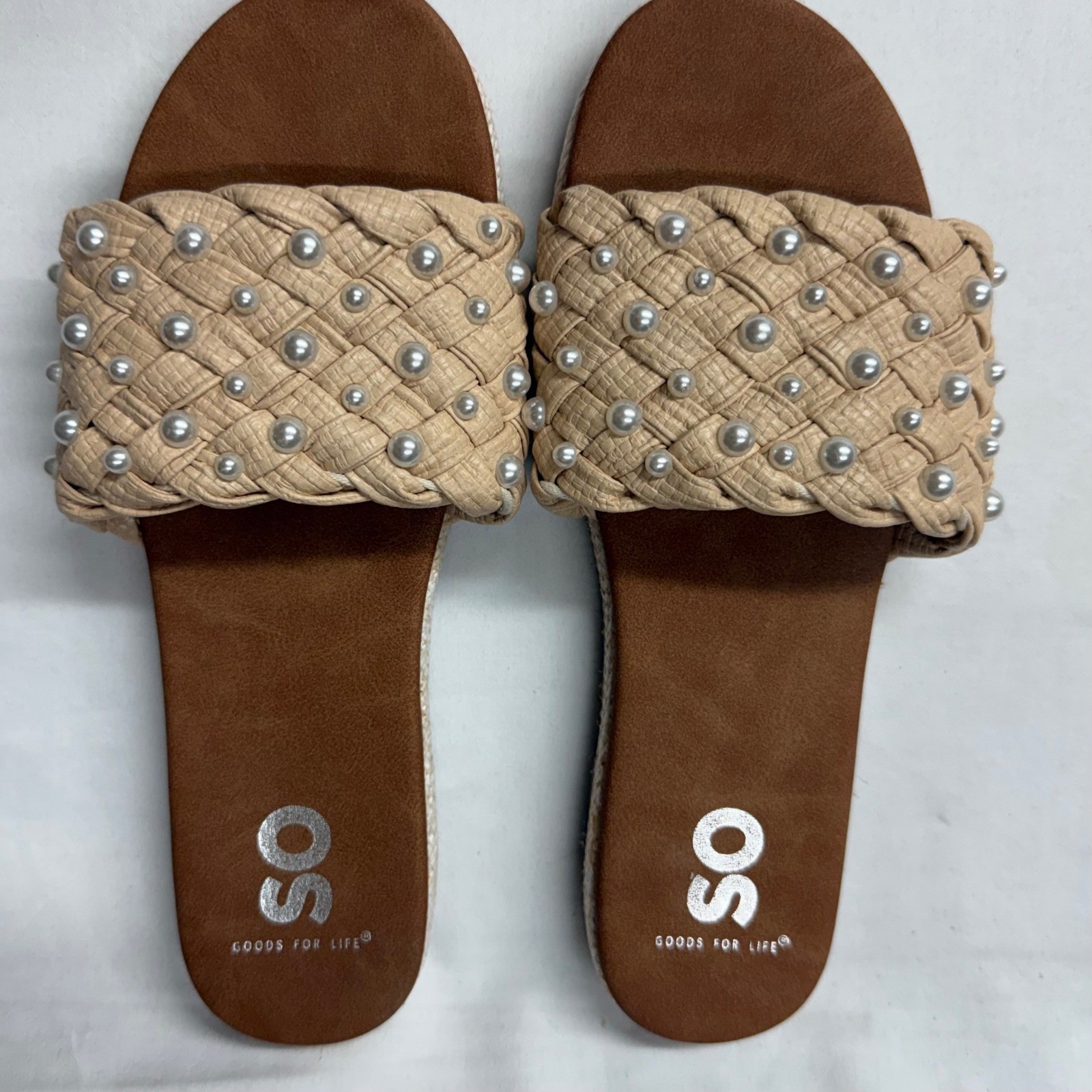 SO Pearl Studded Woven Slide Sandals Womens 7 Medium Beige Raffia Boho
