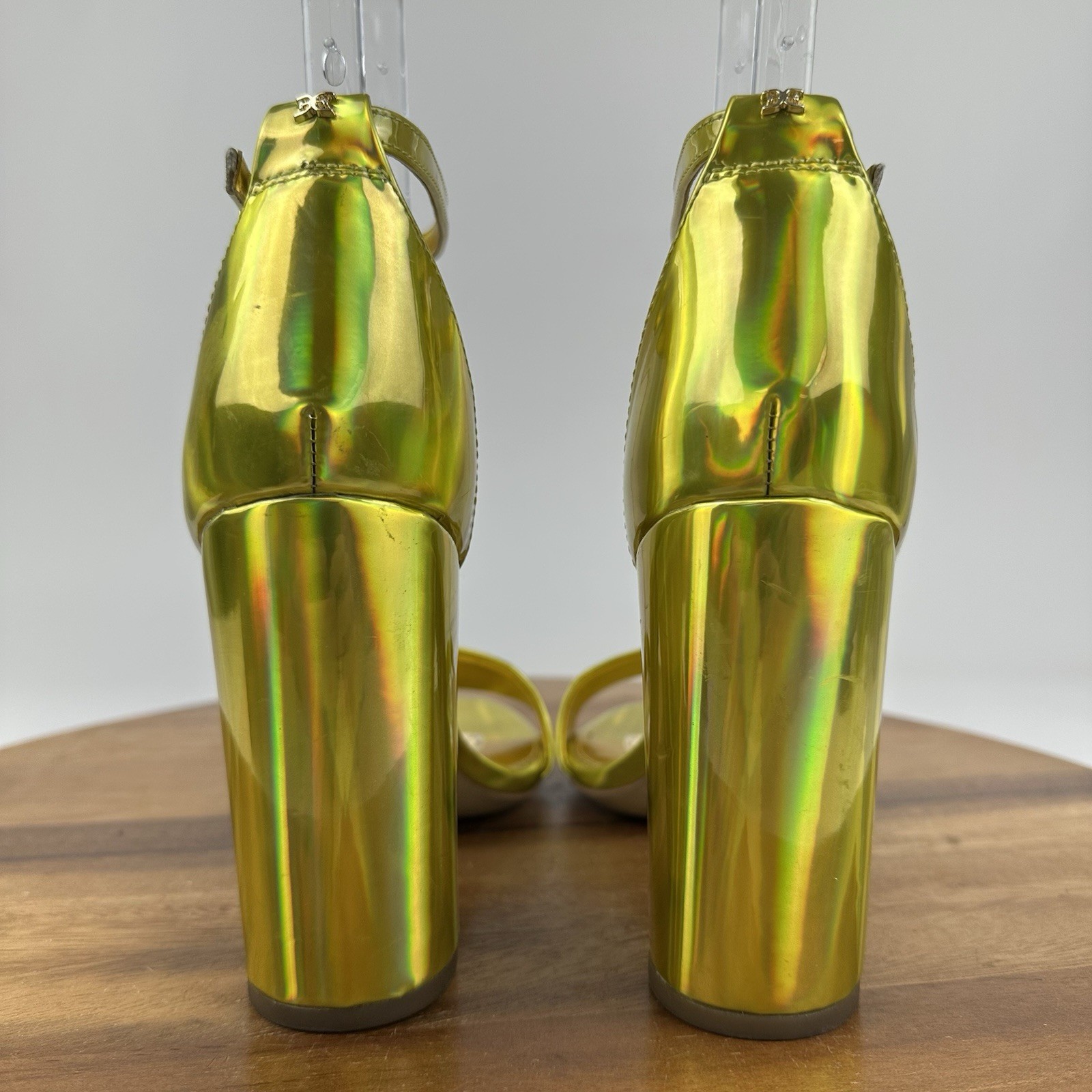 Womens Sam Edelman Yaro Gold Leather Block Open Toe Heeled Sandals Size 8.5 M
