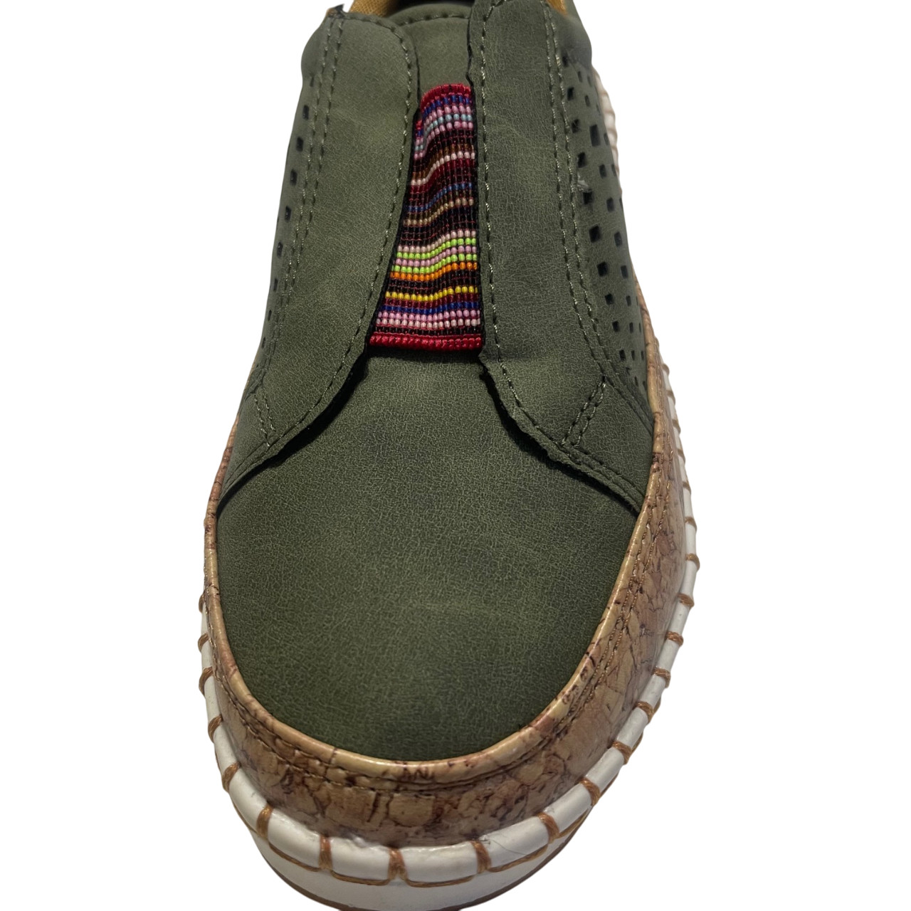 Muted Olive Green Textured Perforated Decorative Colorful Striped Band Sneakers