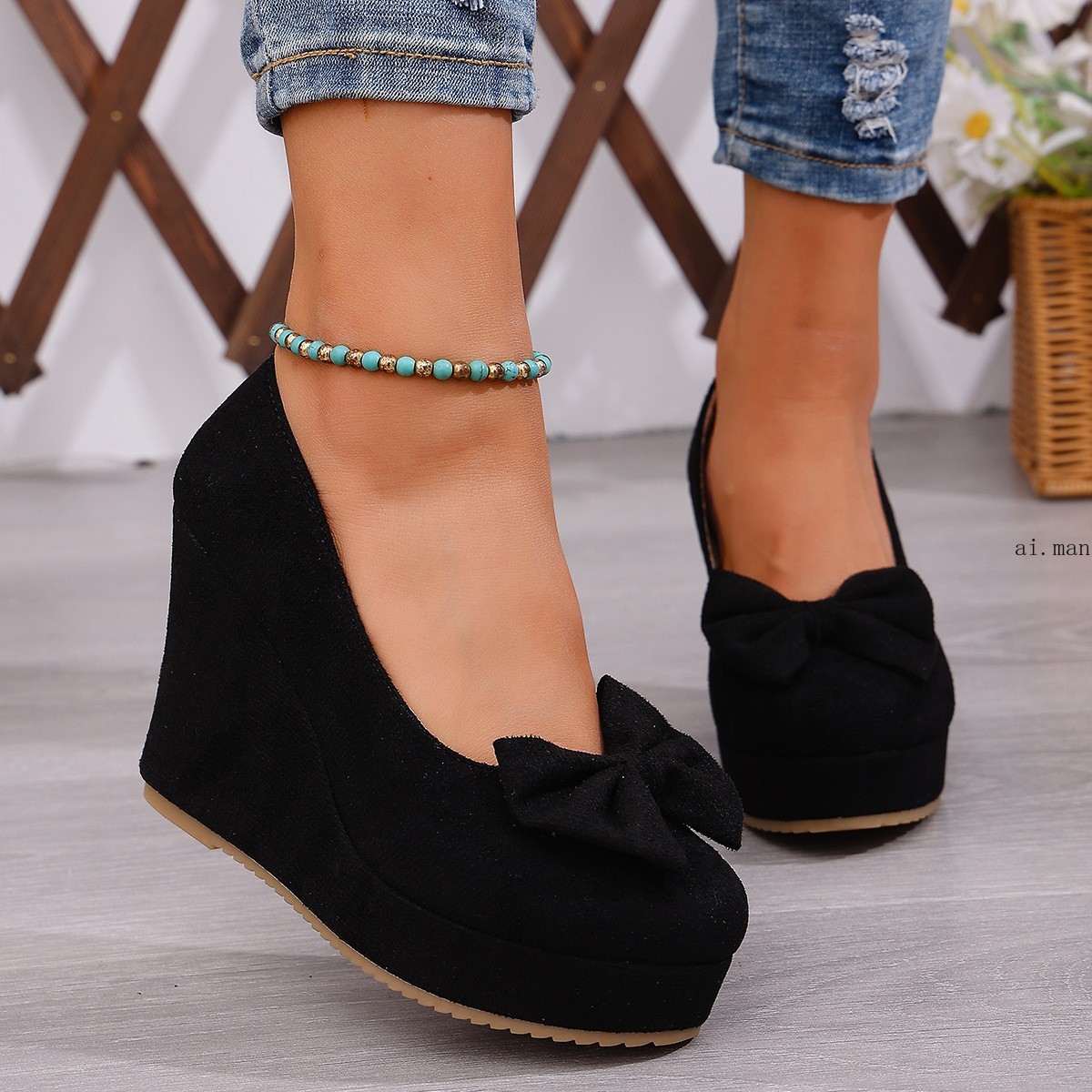 Women’s Bow-Knot Platform Wedge Pumps Slip-On Round Toe Comfort Mary Jane Shoes