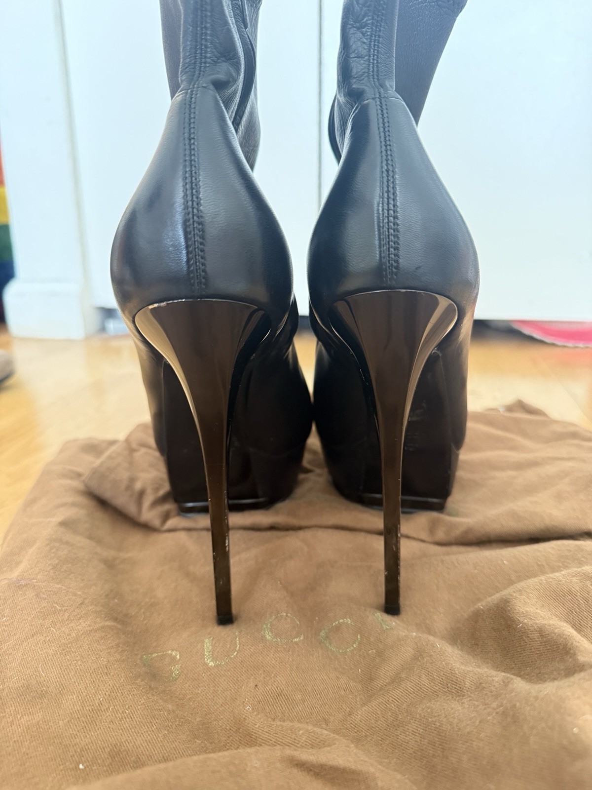Tom Ford Era GUCCI Ankle Boots Peep Toe Stiletto Platform Black Leather Sz 40