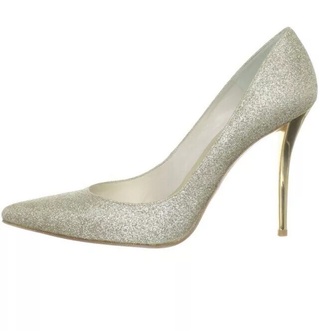 Stuart Weitzman Gold Glitter Pointed Toe Metal High Heels Shoes Pumps 36 6