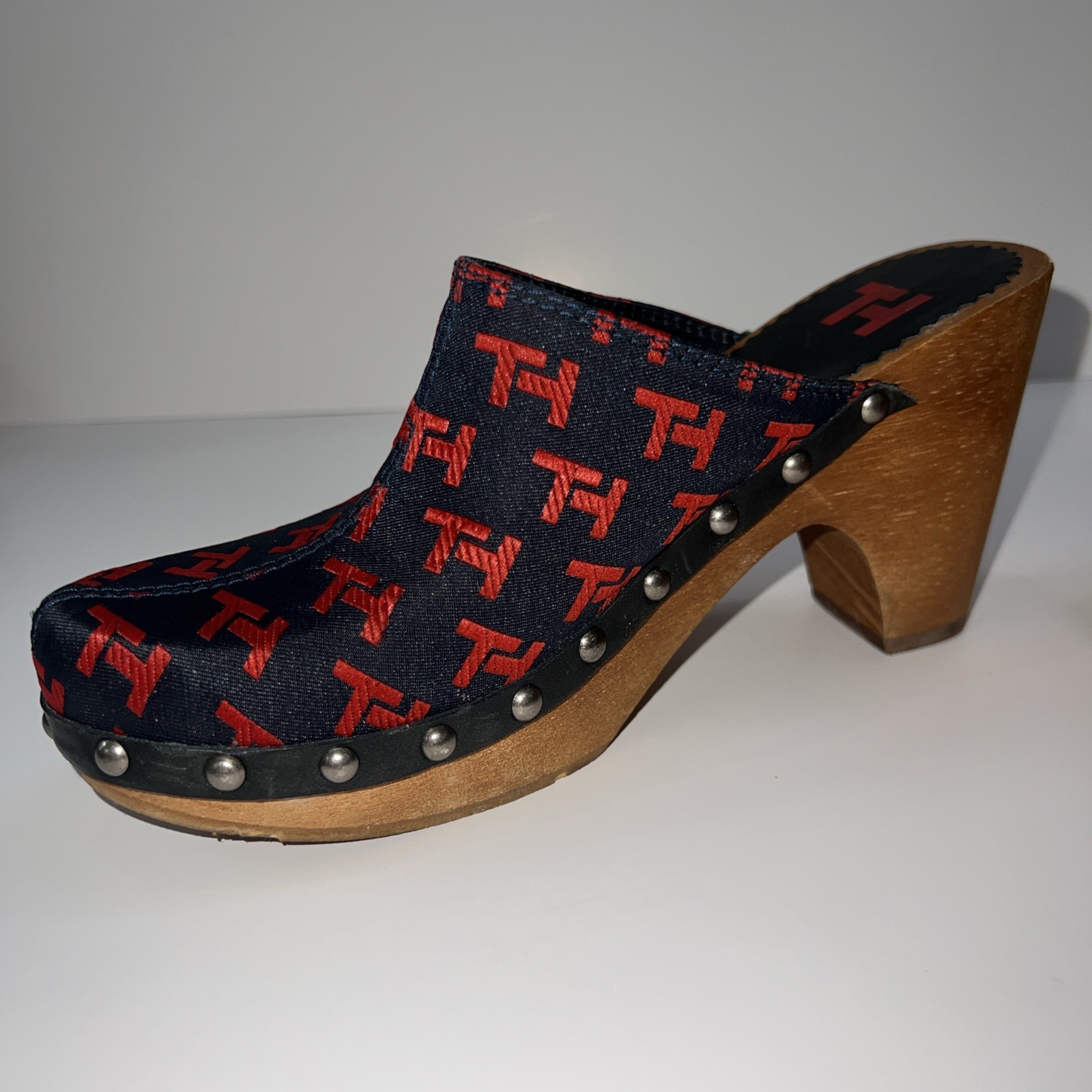 Vintage Tommy Hilfiger TH Monogram Canvas Wood Clog Mules Y2K Womens 5M Brazil