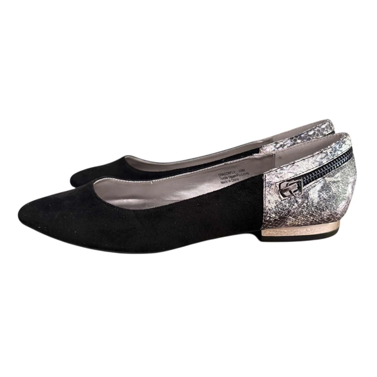 Bellini Navatoo Black Faux Suede Pointed Flats Snake Embossed Heel Zip 10