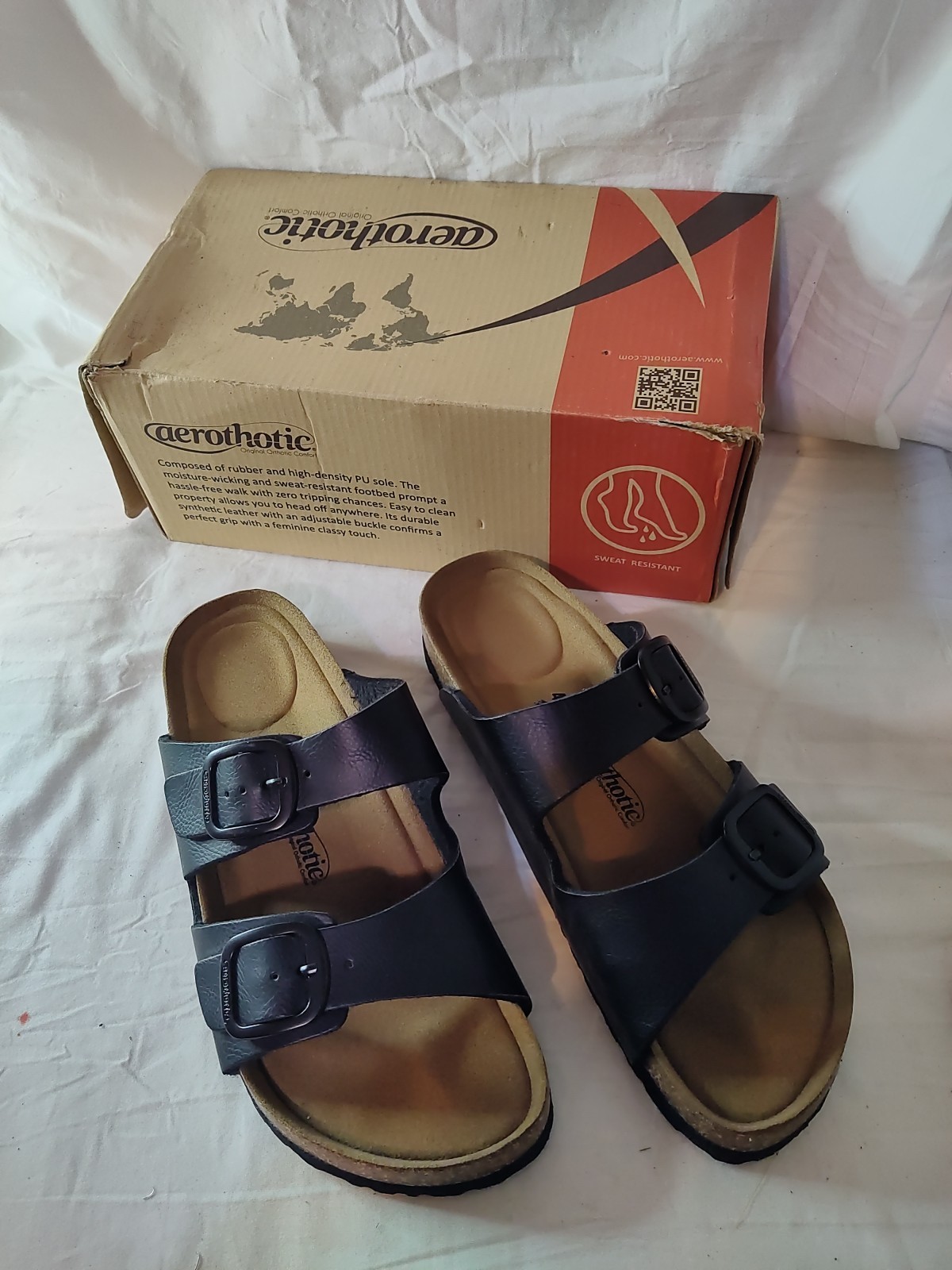 Aerothotic Cork Slides Womens Sz 10 Black Synthetic Leather Adjustable Straps