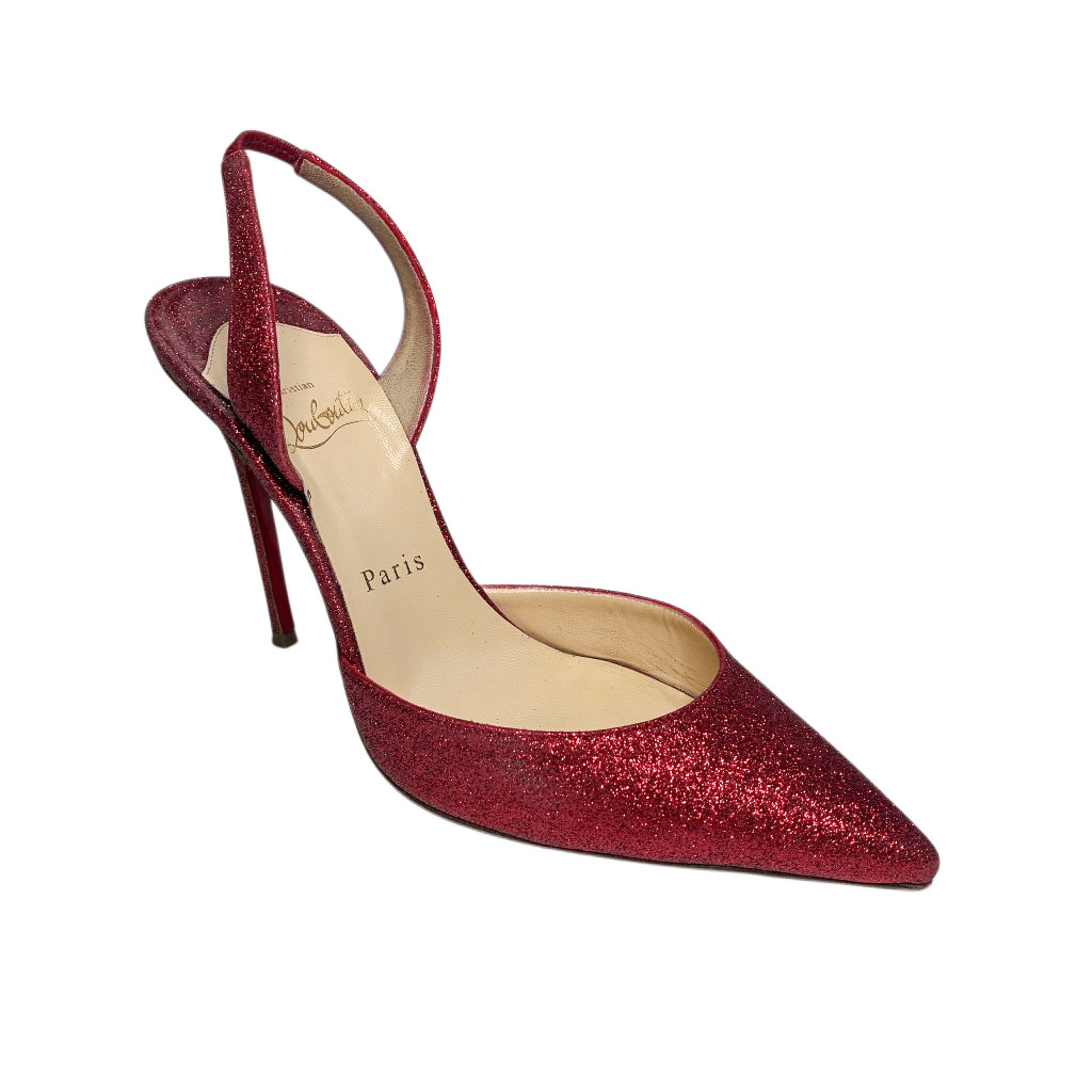 Christian Louboutin Ever 100 Red Glitter Slingback Heels EU 37.5 Sparkly Pumps