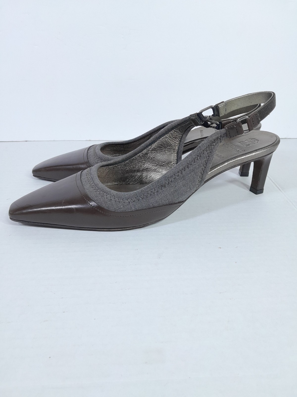 Brunello CucinelliLeather Beaded Accent Slingback Heel Women 10 (40) Brown Gray
