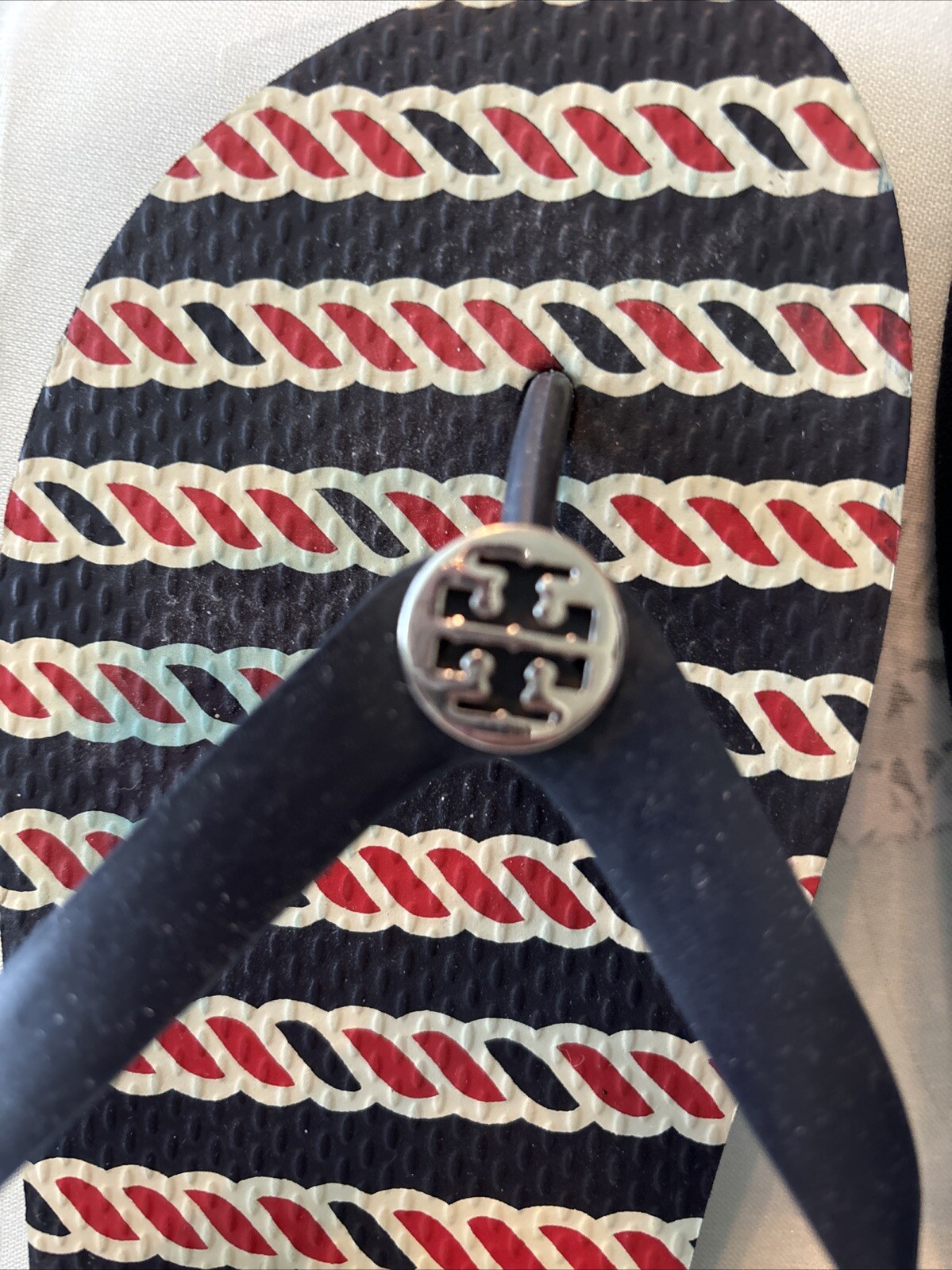 TORY BURCH Signature Red/white/blue Flip Flop Sandals Sz 9 Left Sz 10 Right