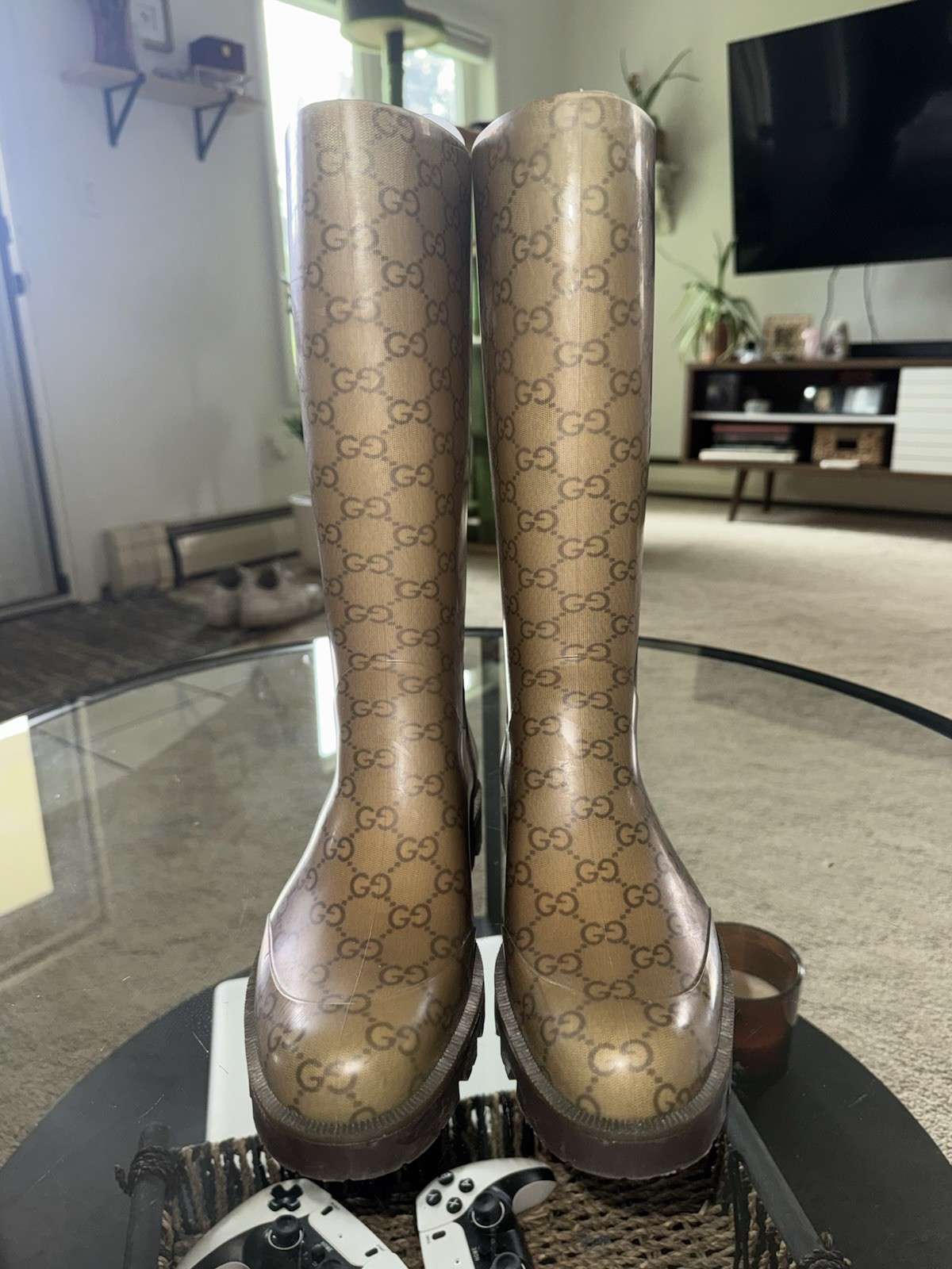 Gucci GG Monogram Knee-High Rubber Pull-On Rain Boots Beige/Brown size 37.