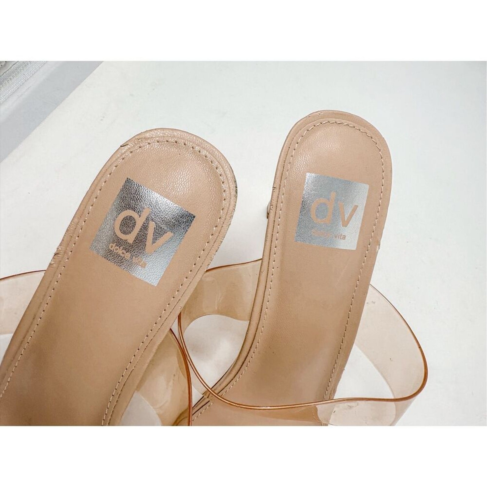 NEW DV Dolce Vita Women’s Nude Clear Strap Slip On Selsta Heels Sandal Size 11