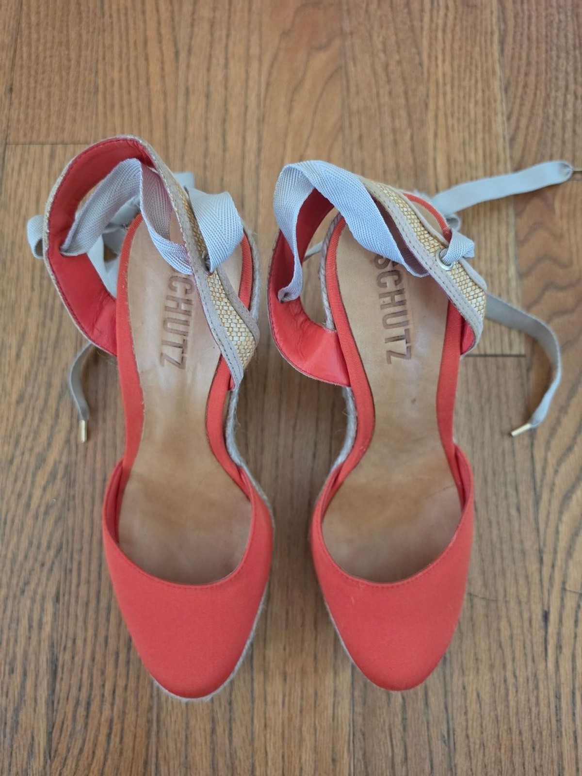 NEW! SCHUTZ Coral Canvas Espadrille Wedge Sandals with Gray Ankle Wraps Size 10