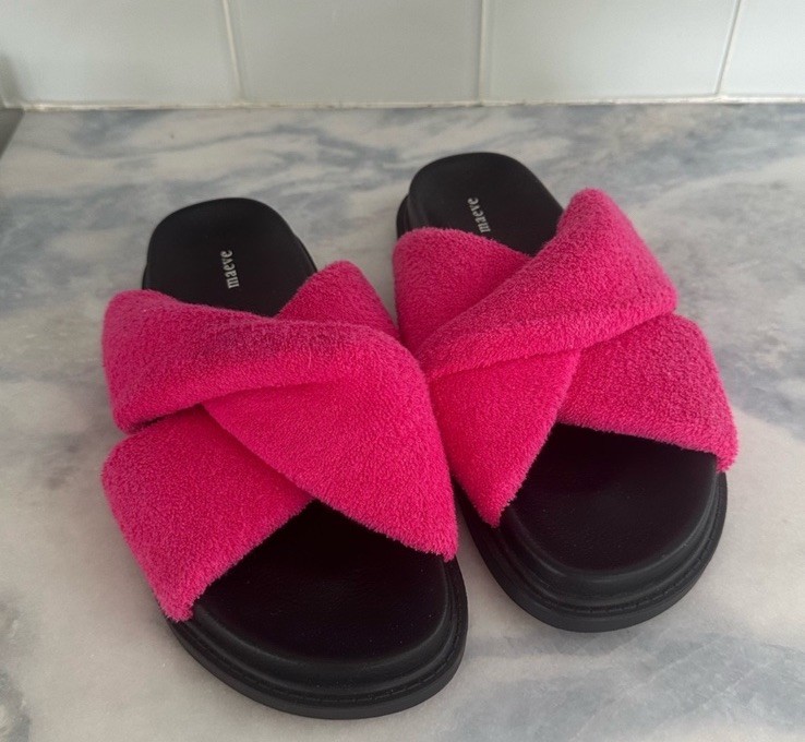 Size 8-New Anthropologie Maeve Terry Slide Sandals In Pink & Black